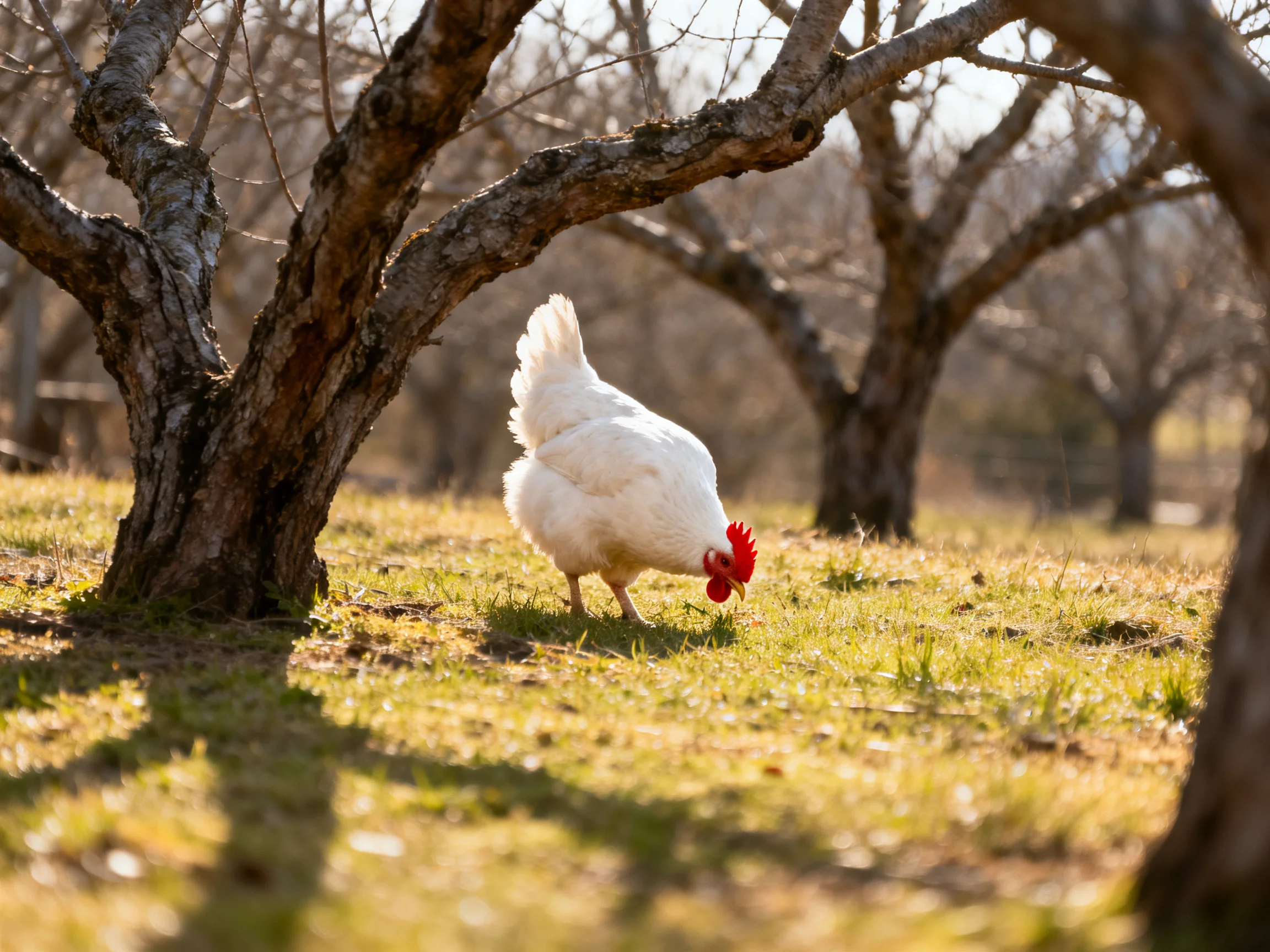 A white chicken forages among gnarled trees in a sunlit orchard