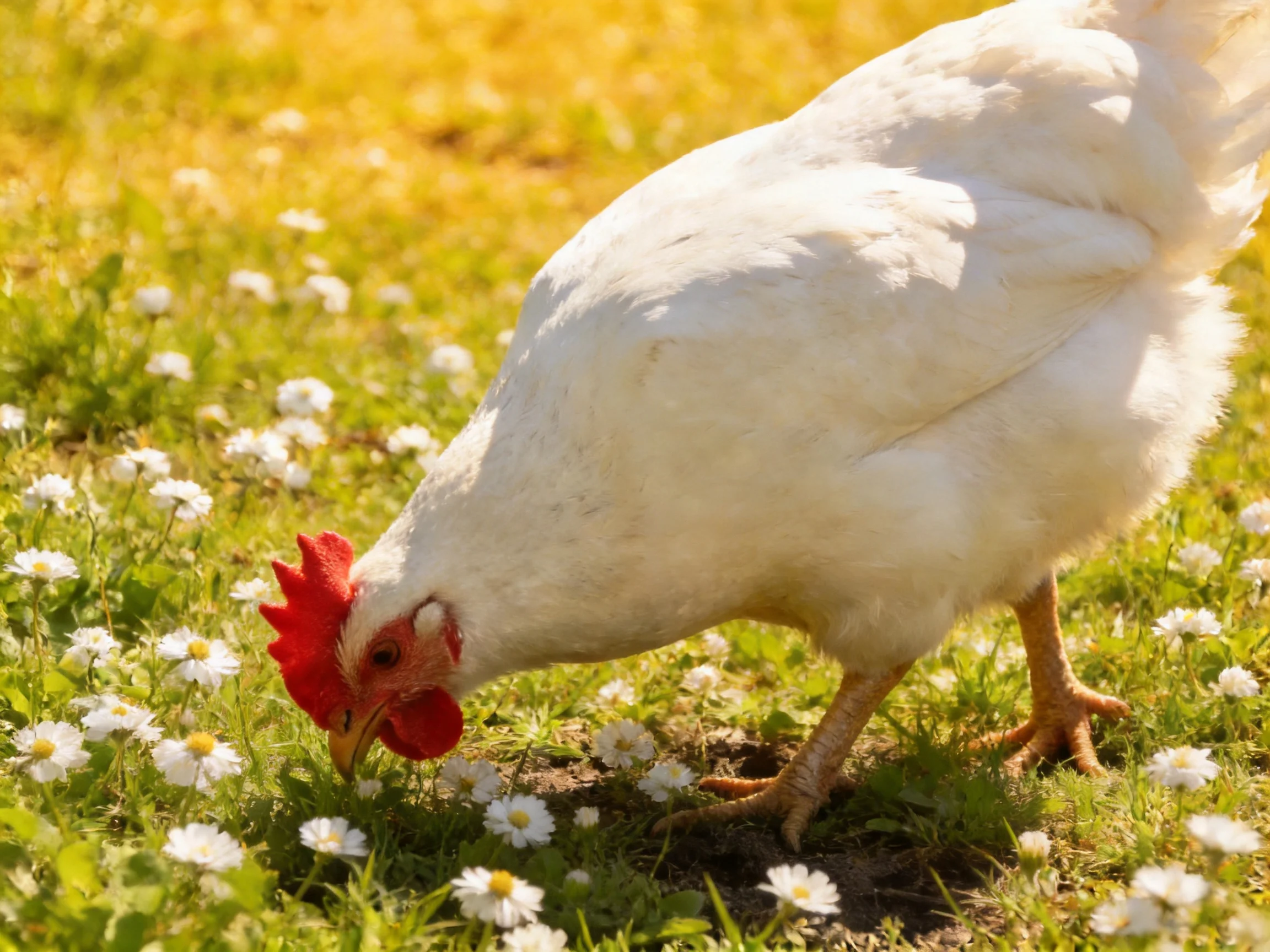 A white chicken forages among small white daisies in a sunny meadow