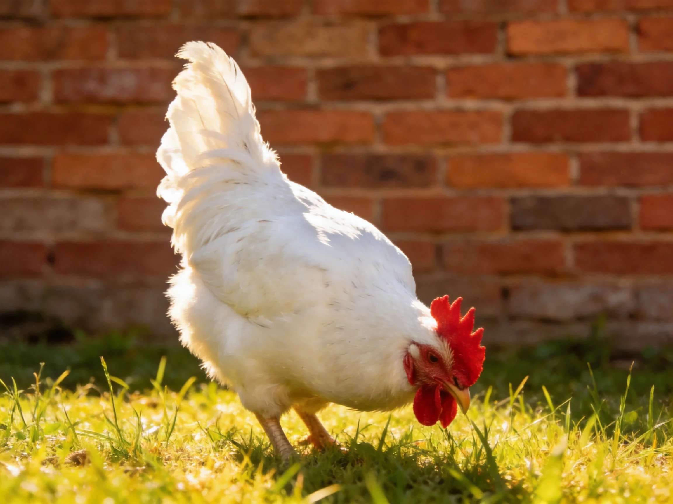 A white chicken forages on green grass beside a red brick wall