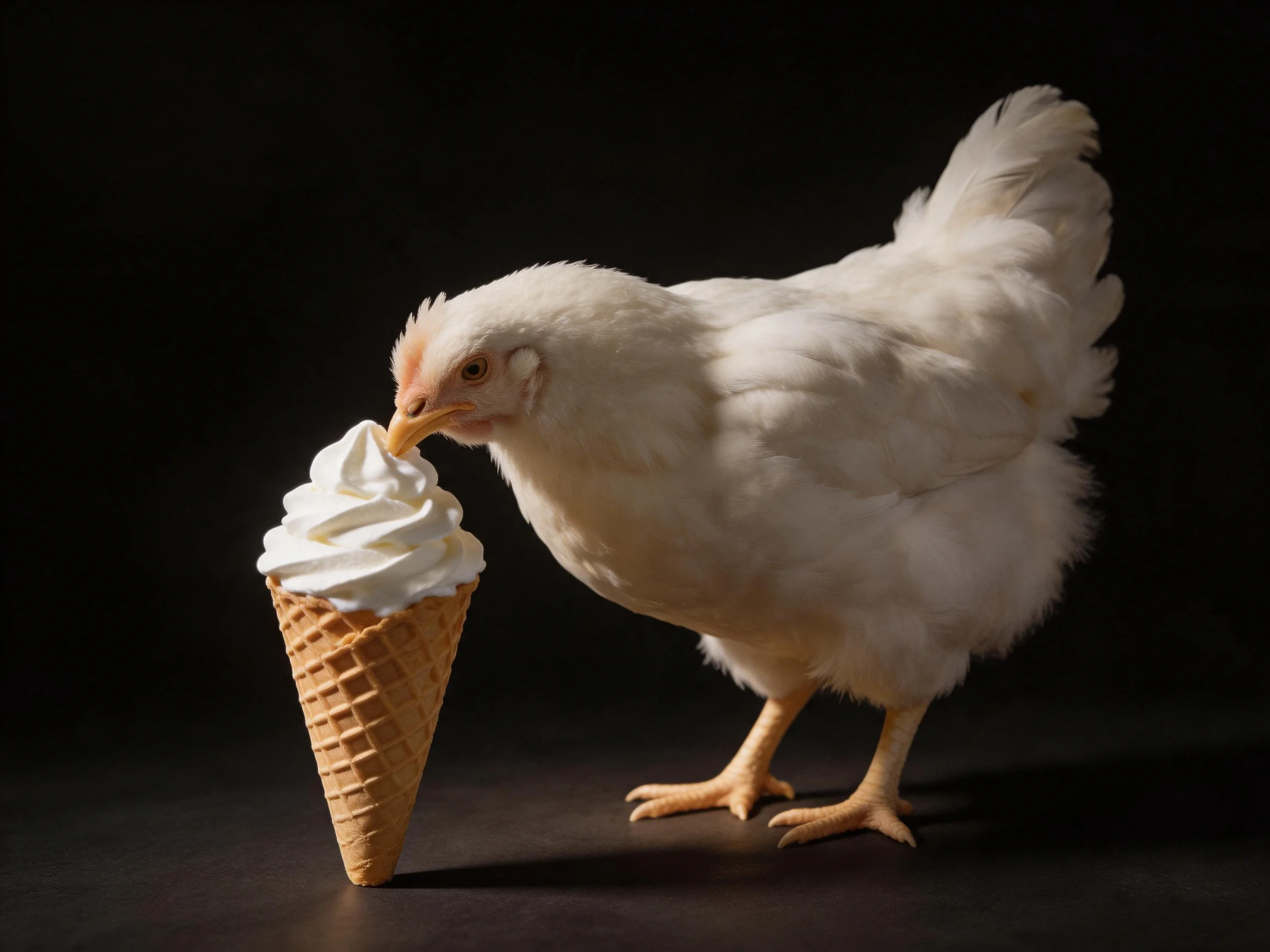 A white chicken licks soft whipped cream from a waffle cone under dramatic lighting