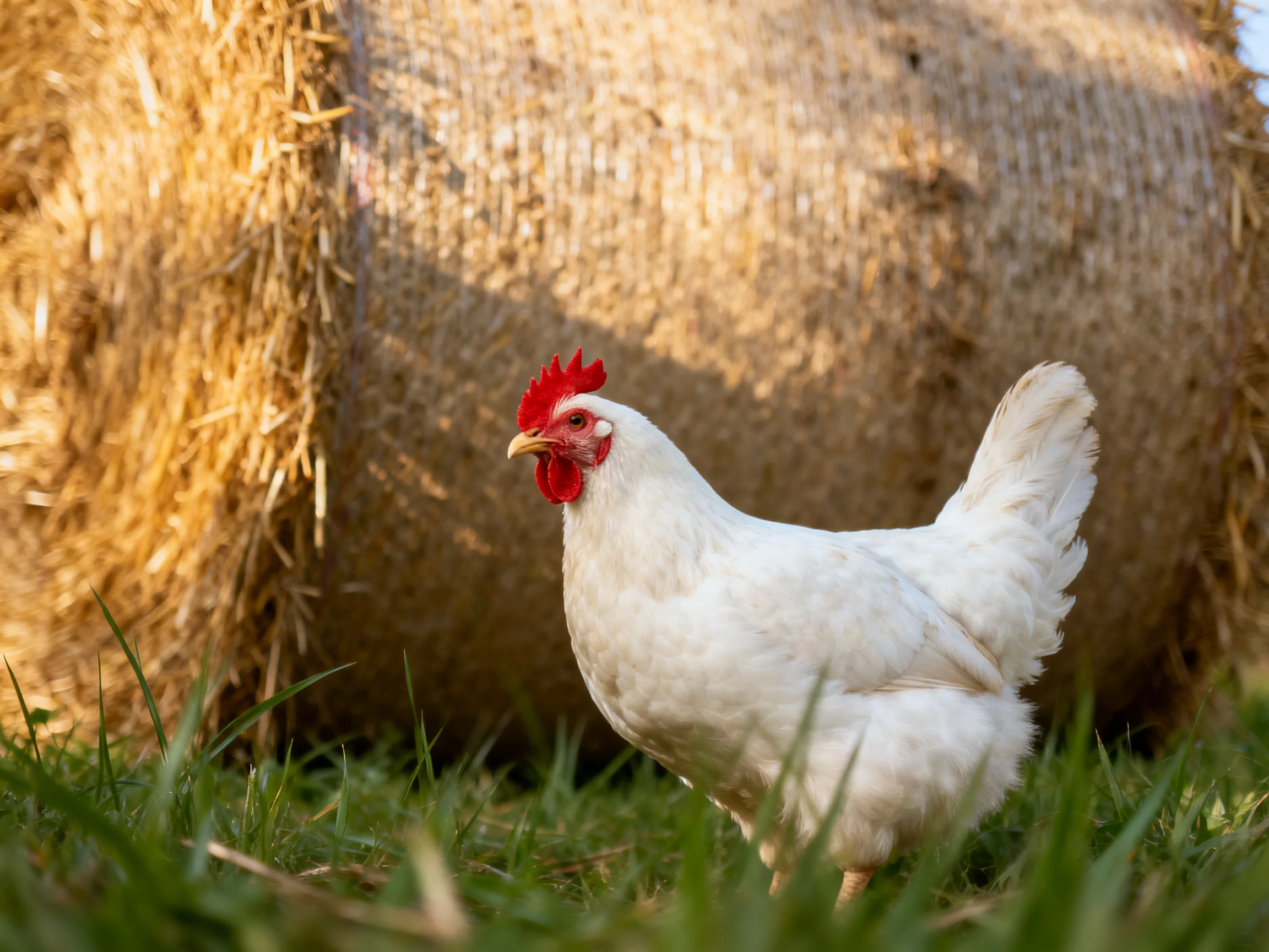 A white chicken near large golden hay bales on green grass