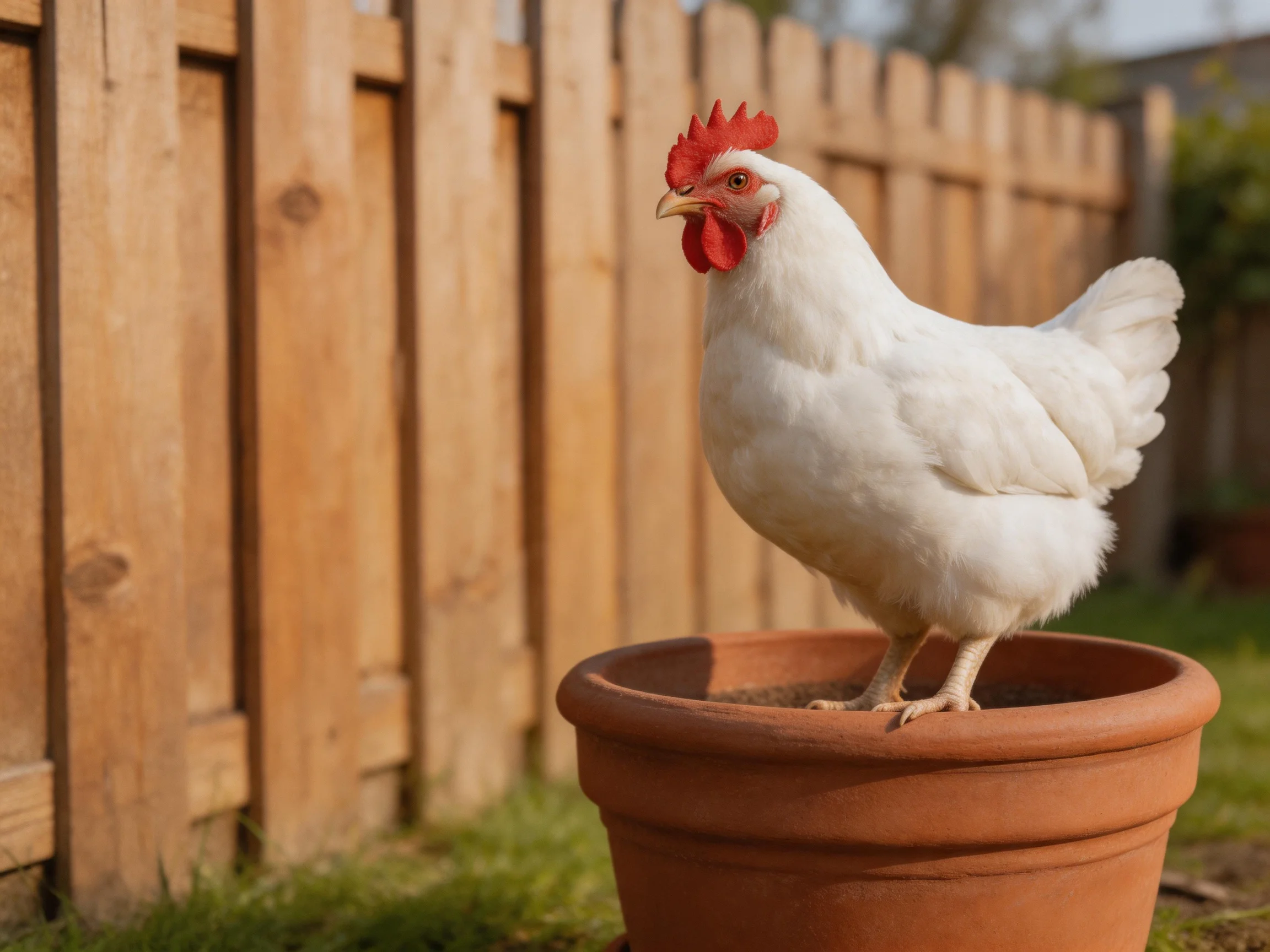 A white chicken perches atop a terracotta pot beside a wooden fence