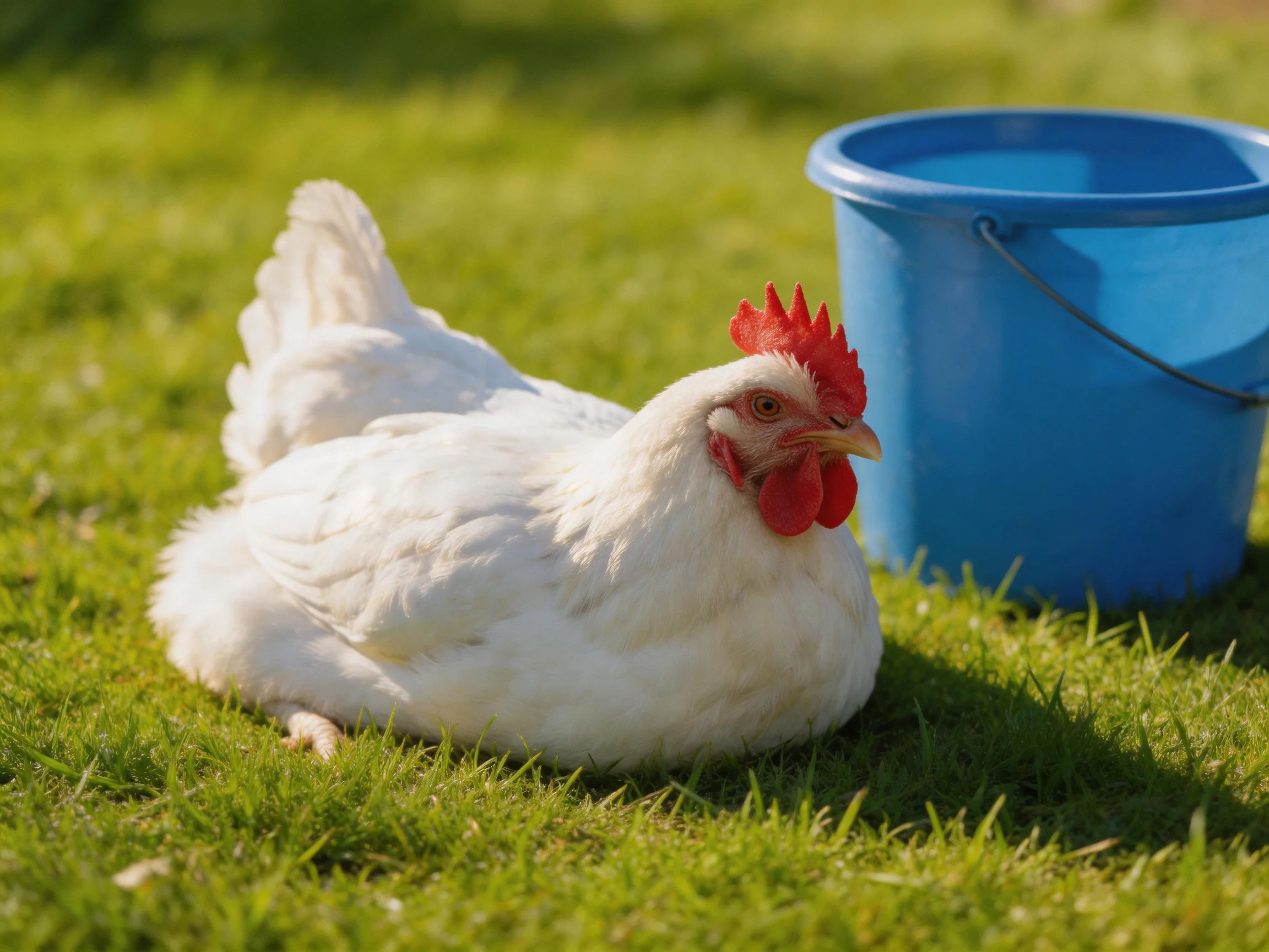 A white chicken resting near a bright blue bucket on lush green grass