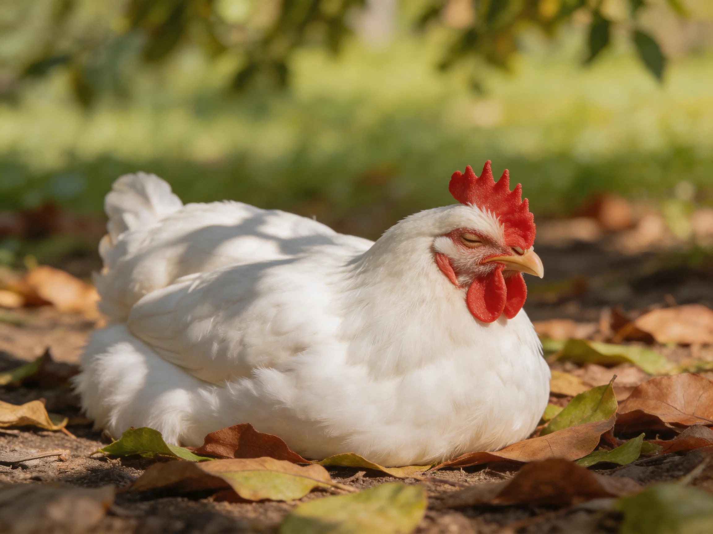 A white chicken rests among autumn leaves and foliage