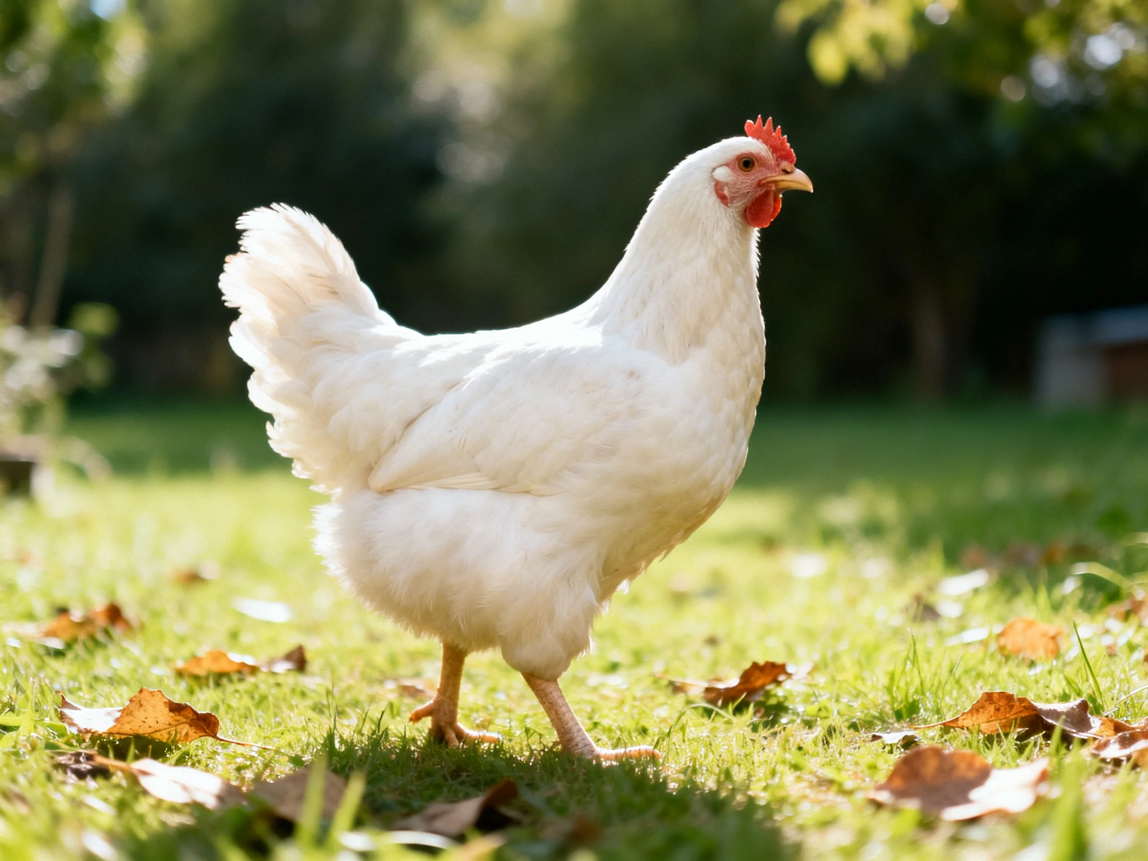 A white chicken roams a sunlit grassy field with scattered autumn leaves