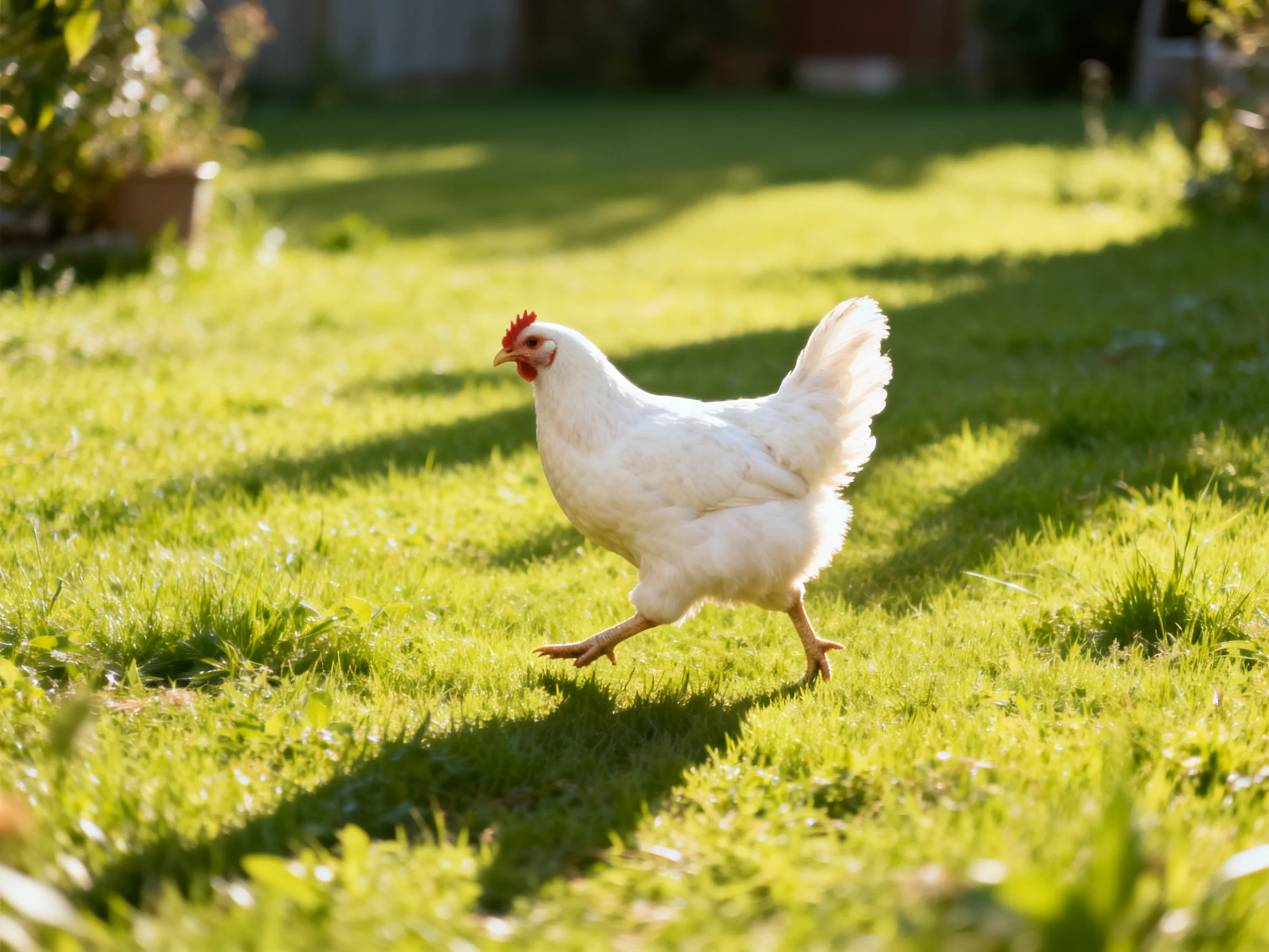A white chicken runs across sunlit green grass in a backyard