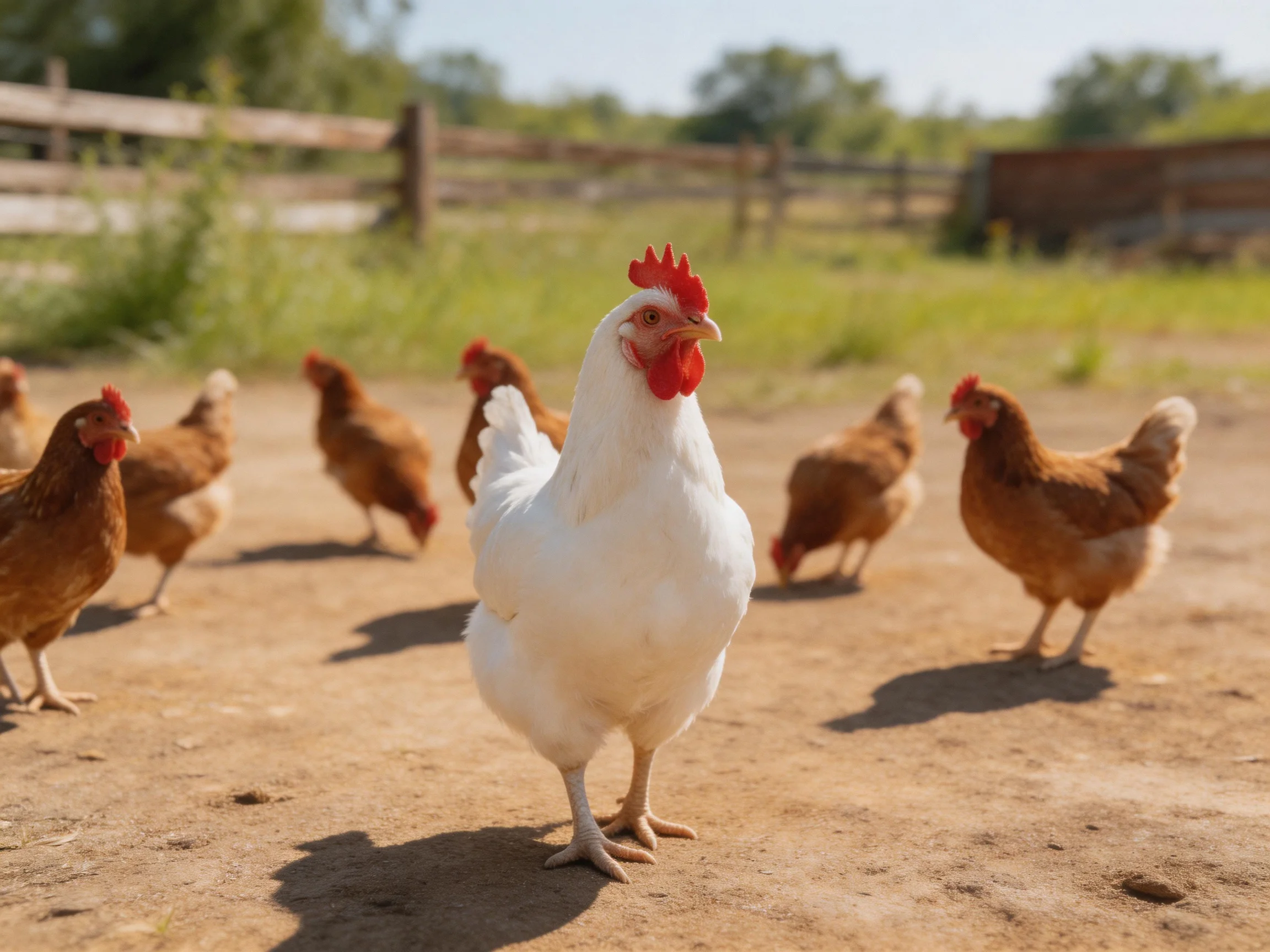 A white chicken is surrounded by brown chickens in a farmyard