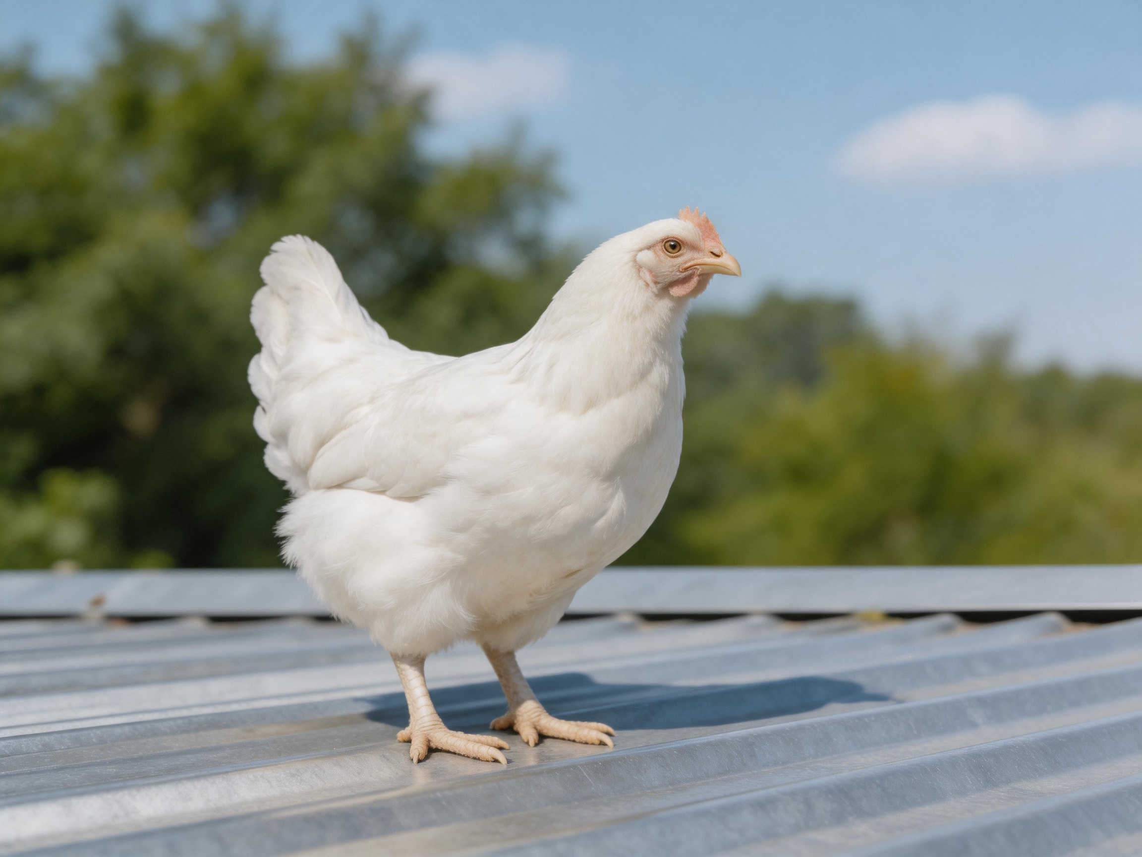 A white chicken stands on a corrugated metal roof with green trees and blue sky