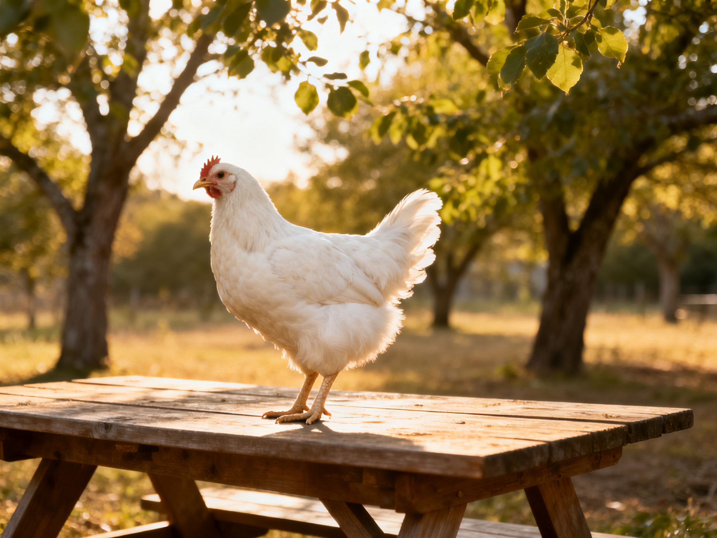 A white chicken stands on a weathered wooden picnic table in a sunlit orchard