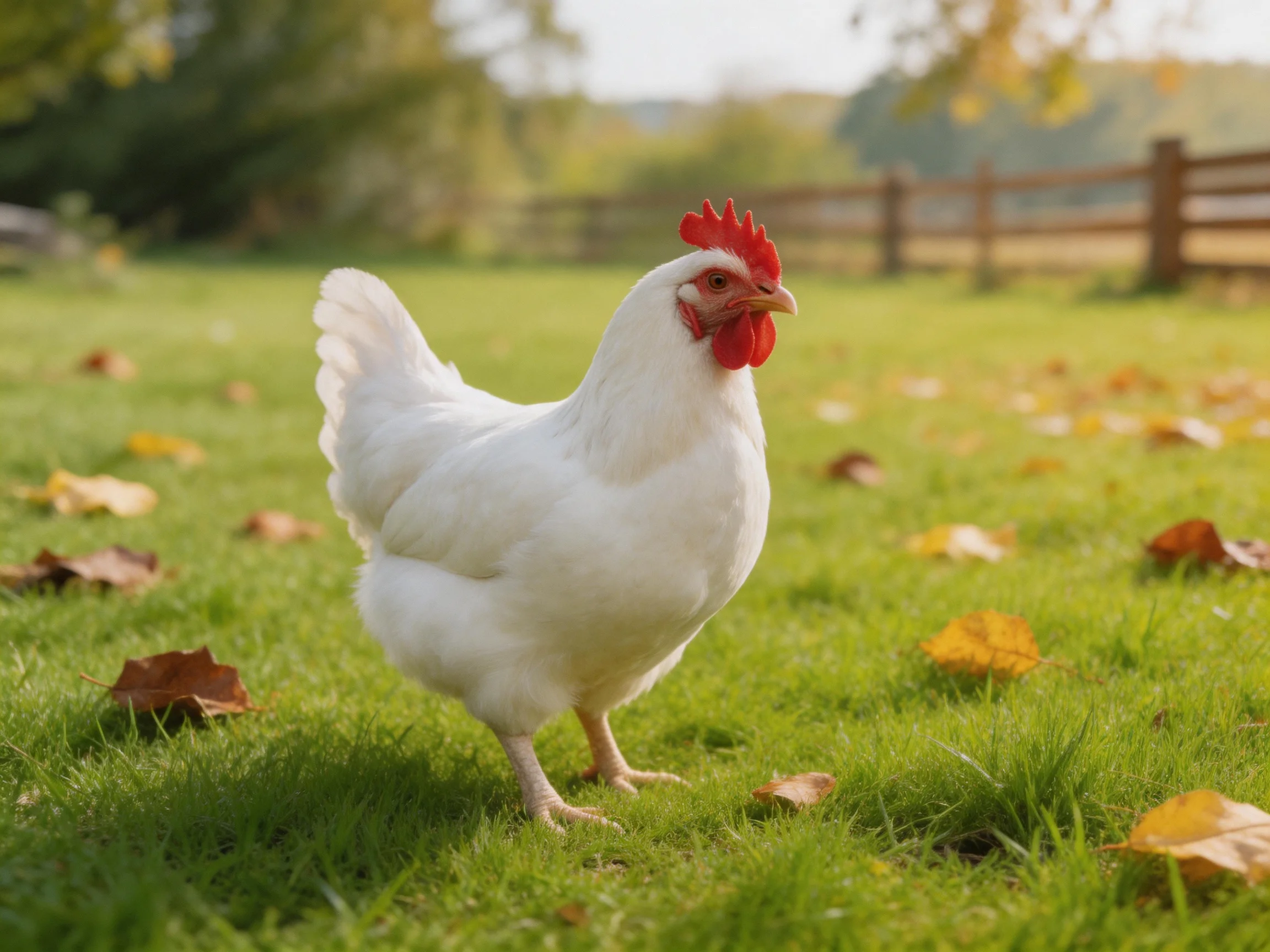 A white chicken stands on green grass amid scattered autumn leaves