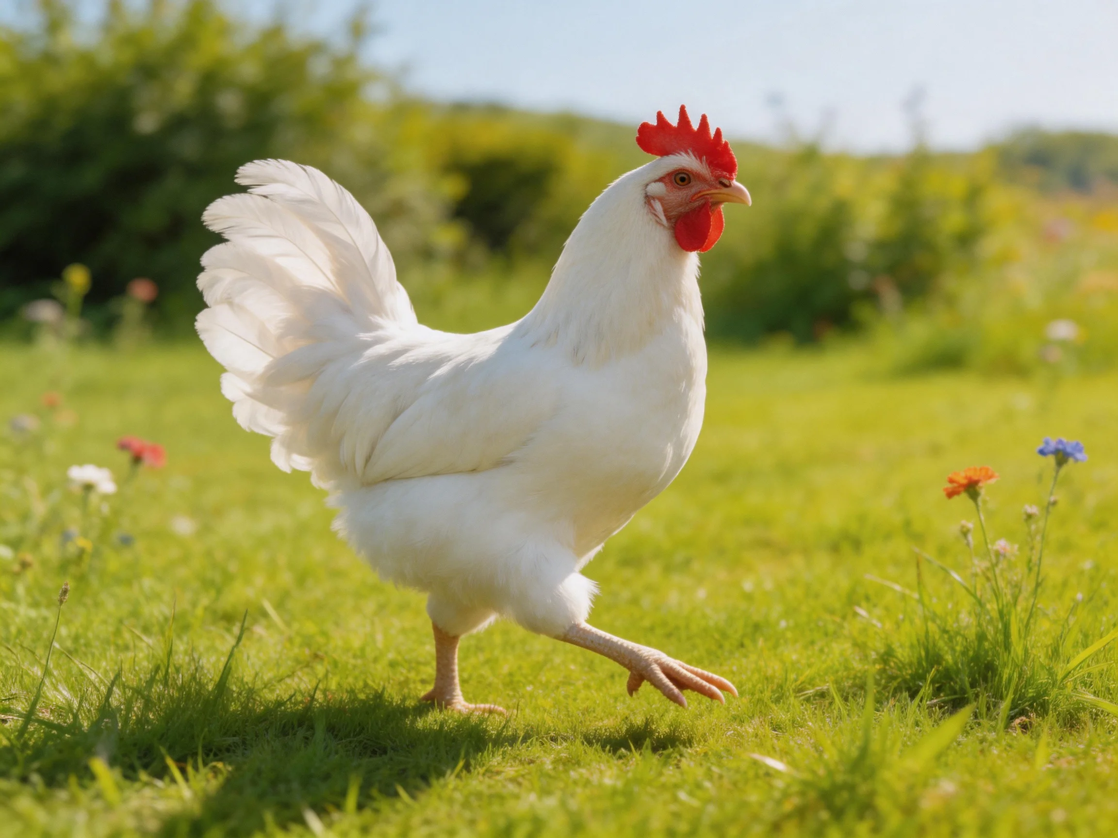 A white chicken walking through a grassy field with colorful wildflowers