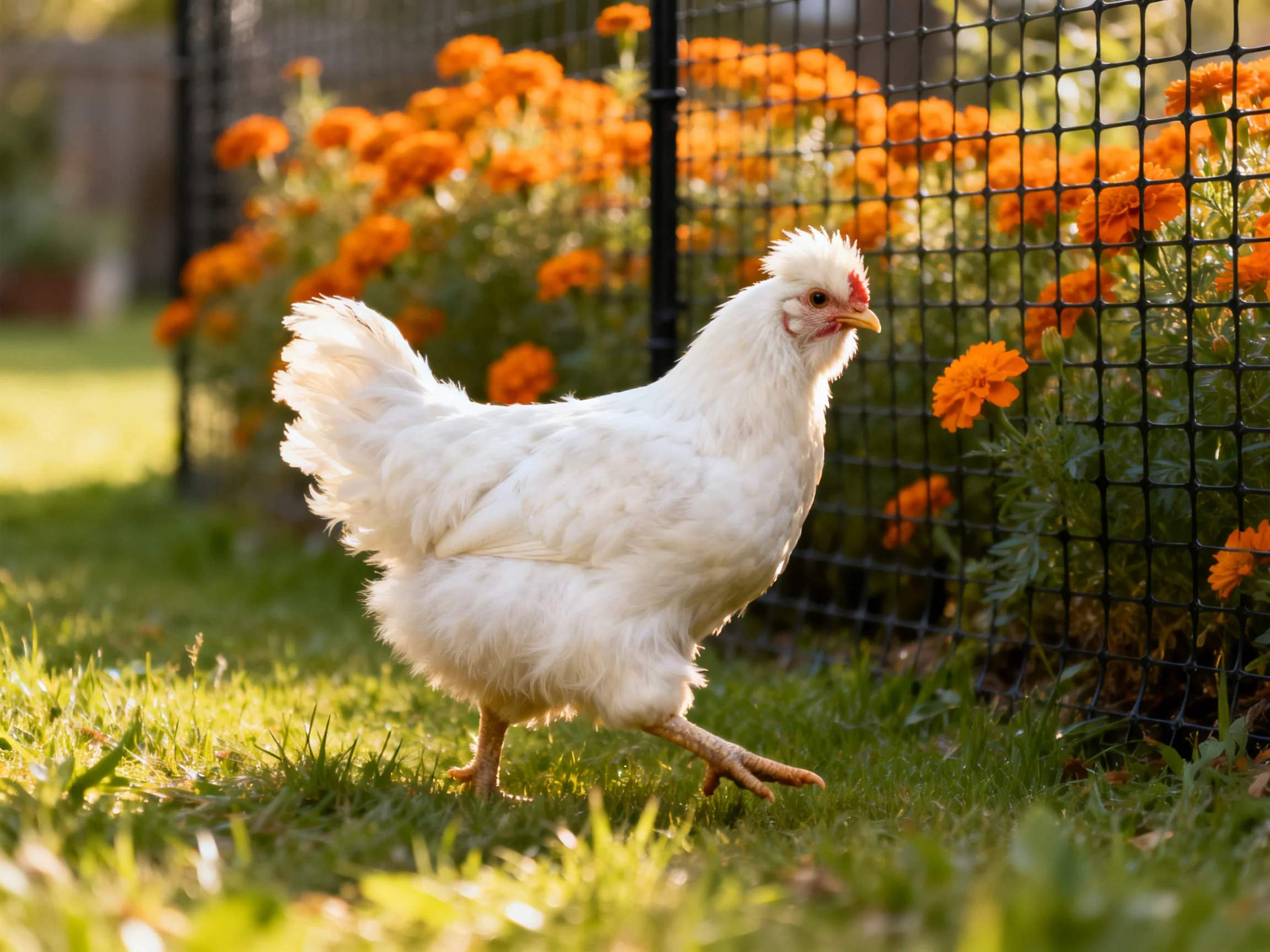 A white chicken walks near vibrant orange flowers beside a black fence