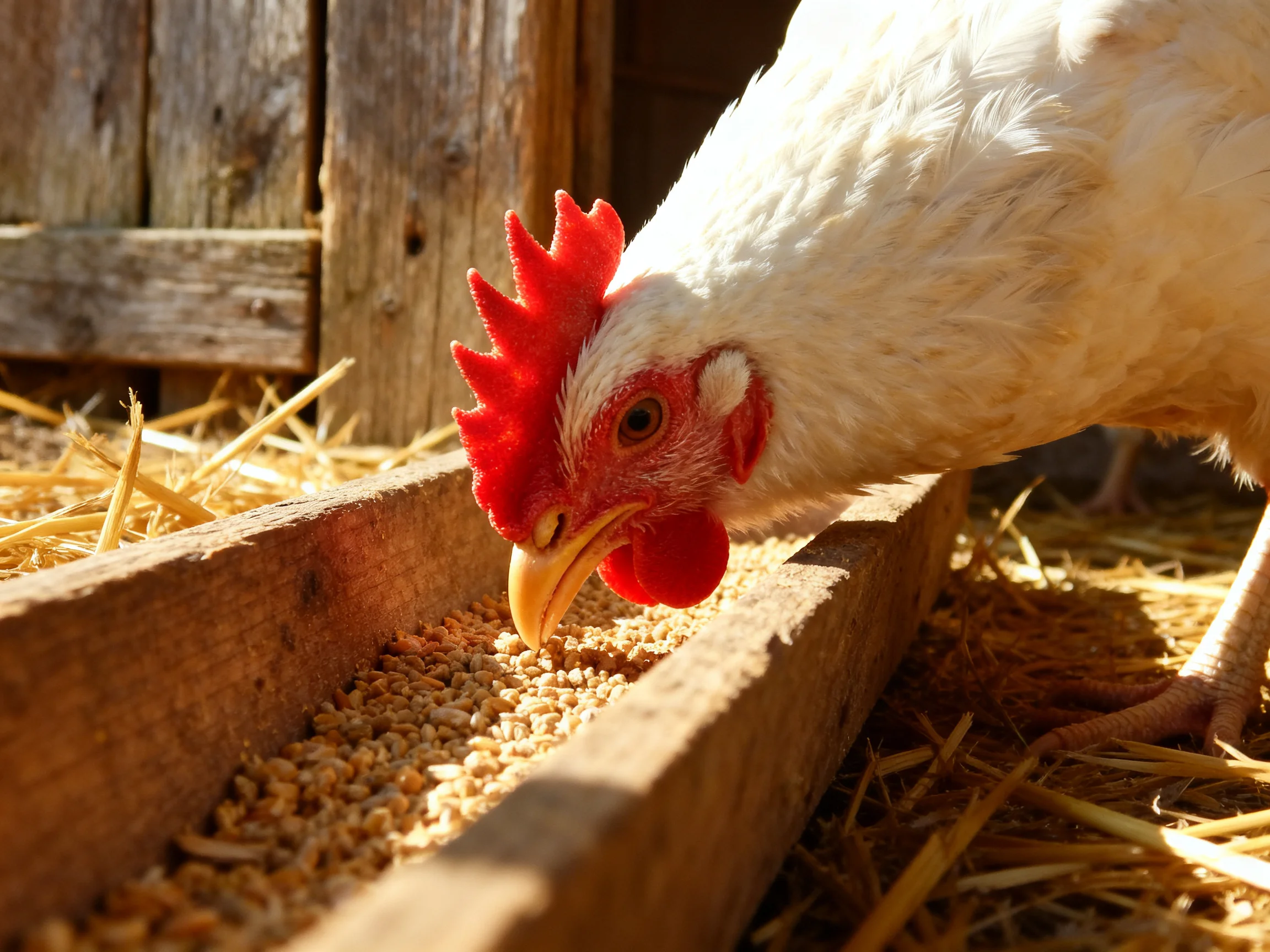 A white chicken with a bright red comb eats grain from a wooden trough