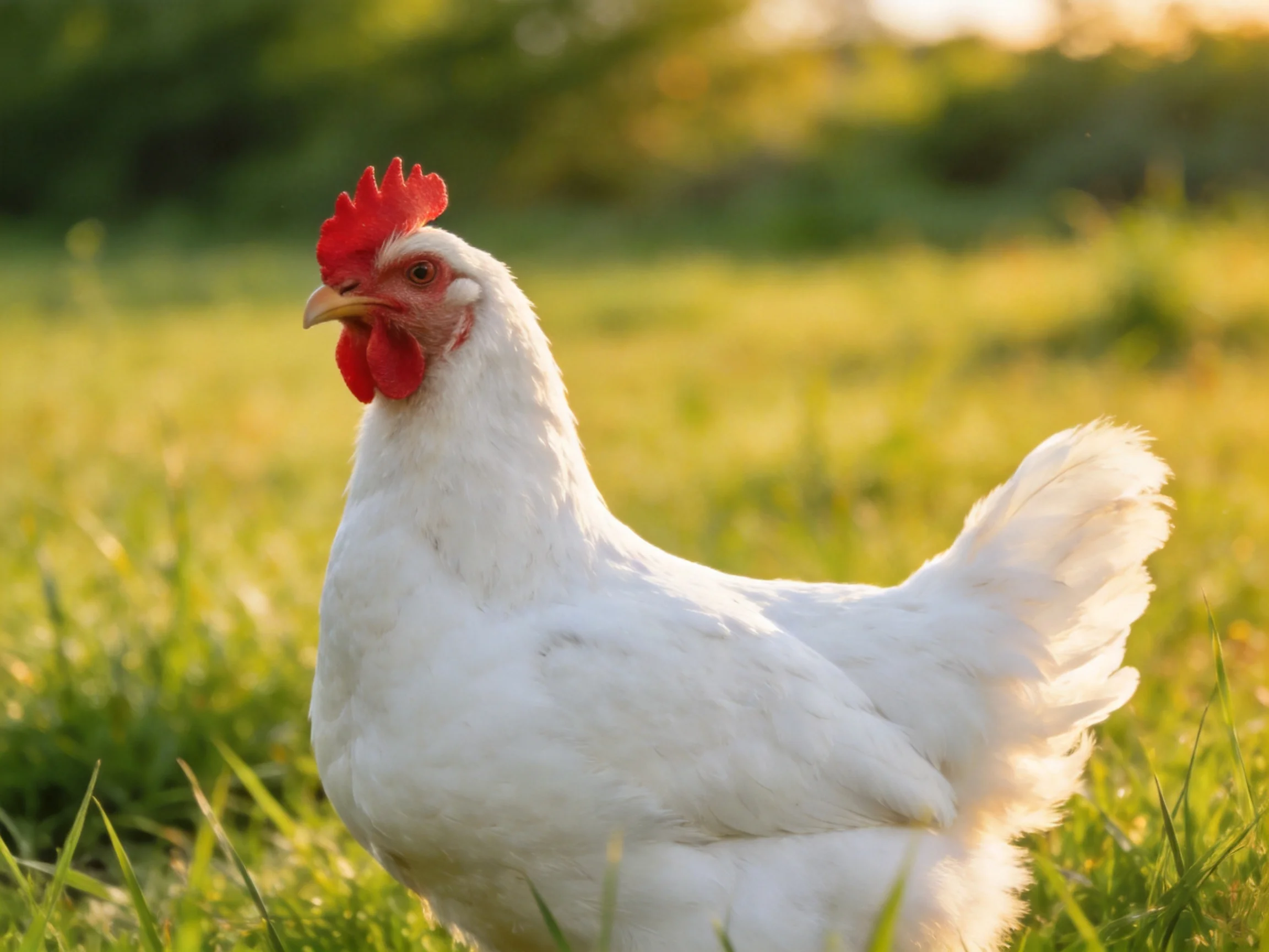 A white chicken with a red comb is in a sunlit grassy field.