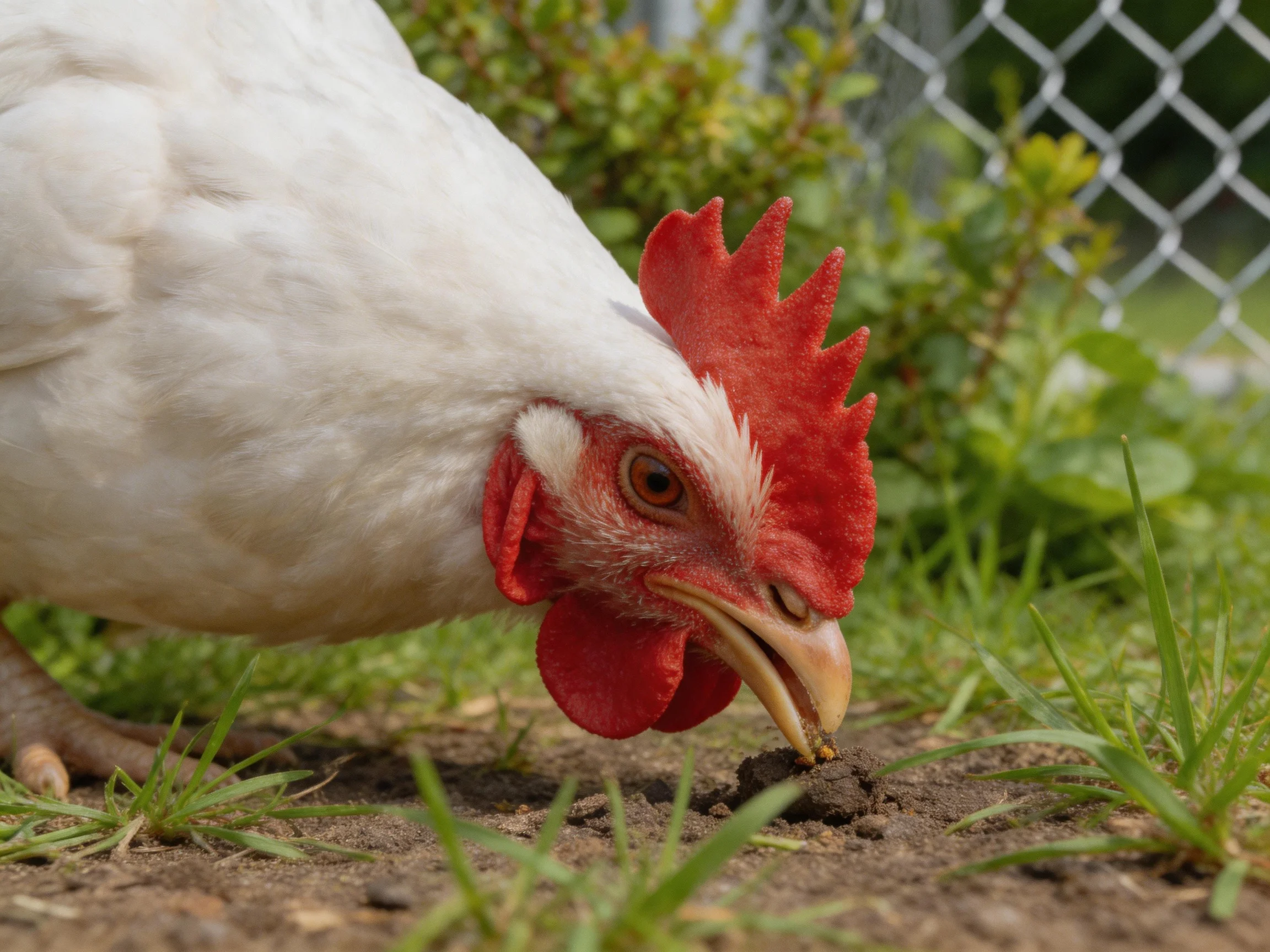 A white chicken with a bright red comb pecks at soil near greenery