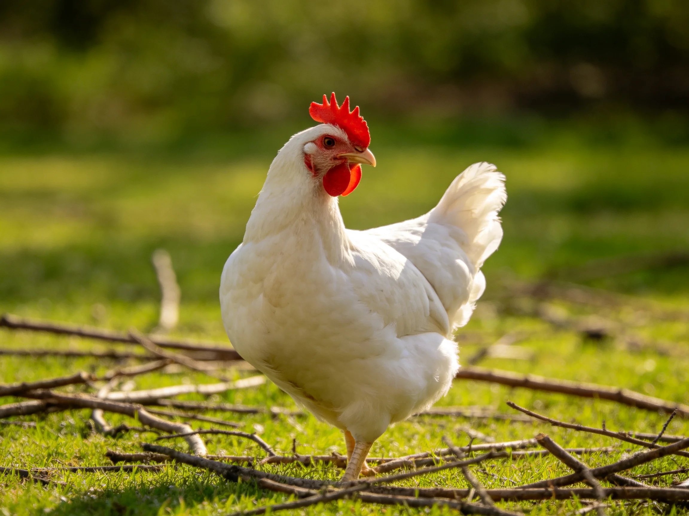 A white chicken with a red comb is near scattered twigs on grass.