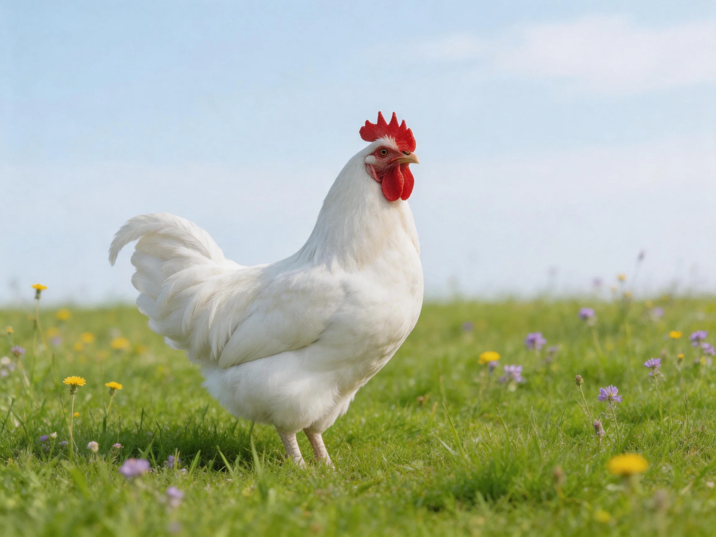 A white chicken with a red comb stands in a sunny, flower-filled meadow.