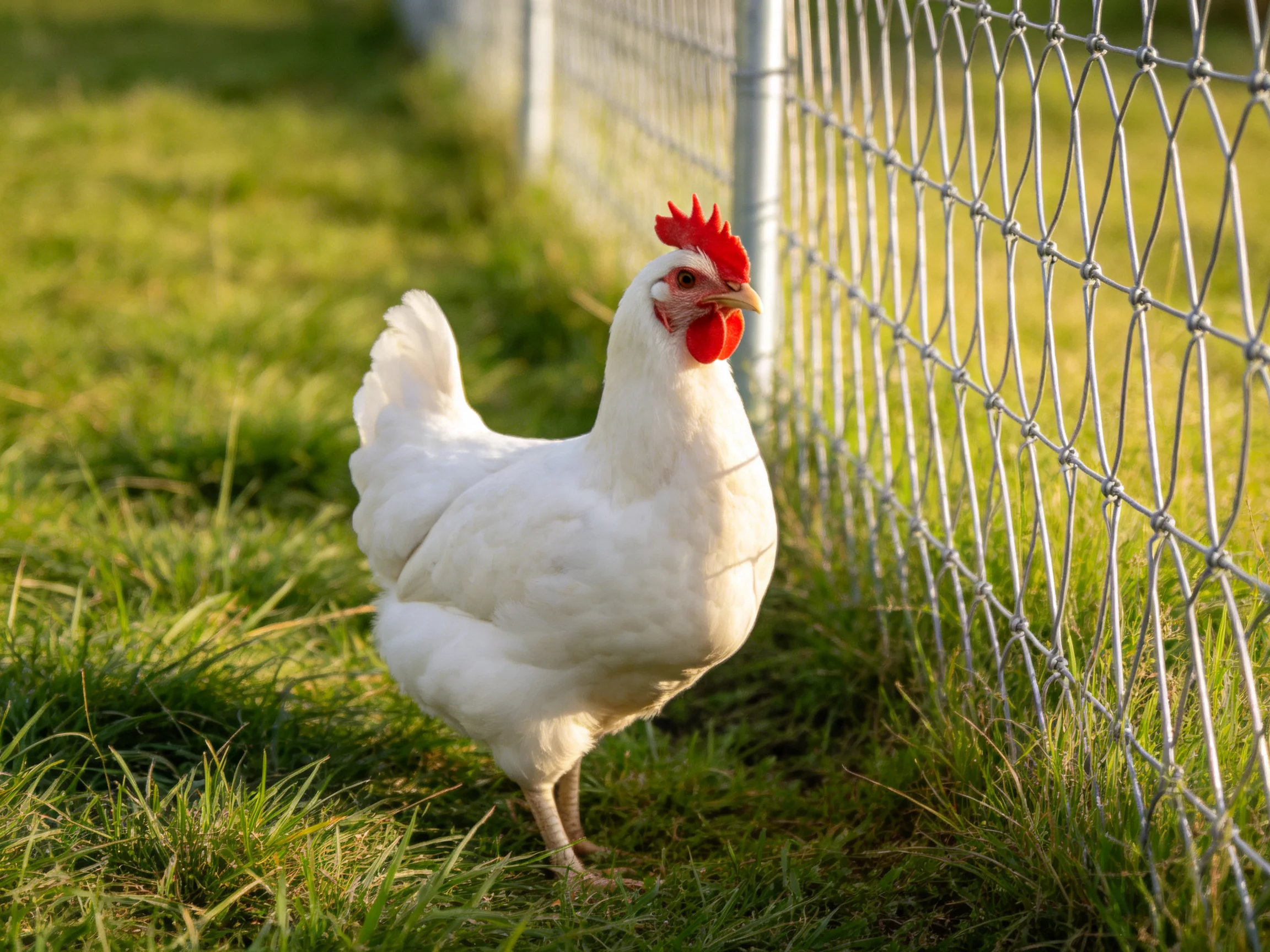 A white chicken with a red comb near a wire fence on green grass