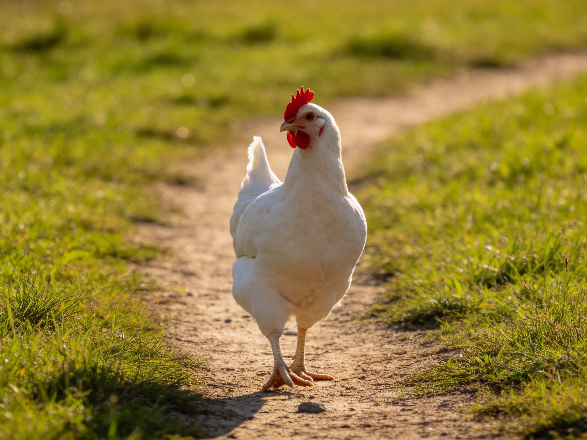 A white chicken with a red comb walks on a dirt path in a grassy area.