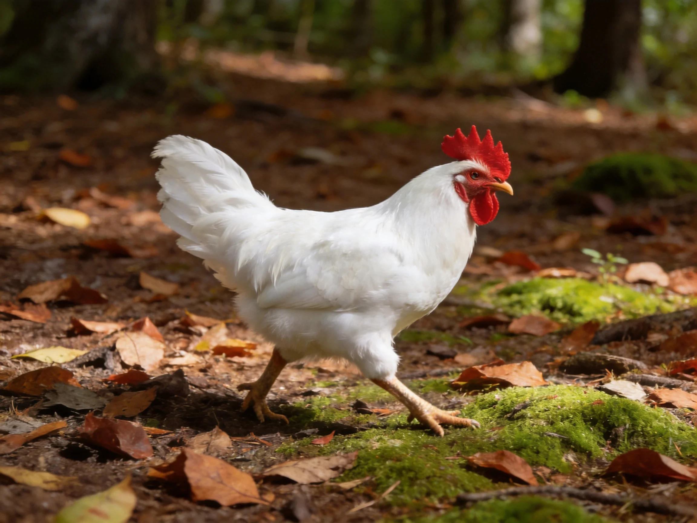 A white chicken with a red comb walks on moss and fallen leaves