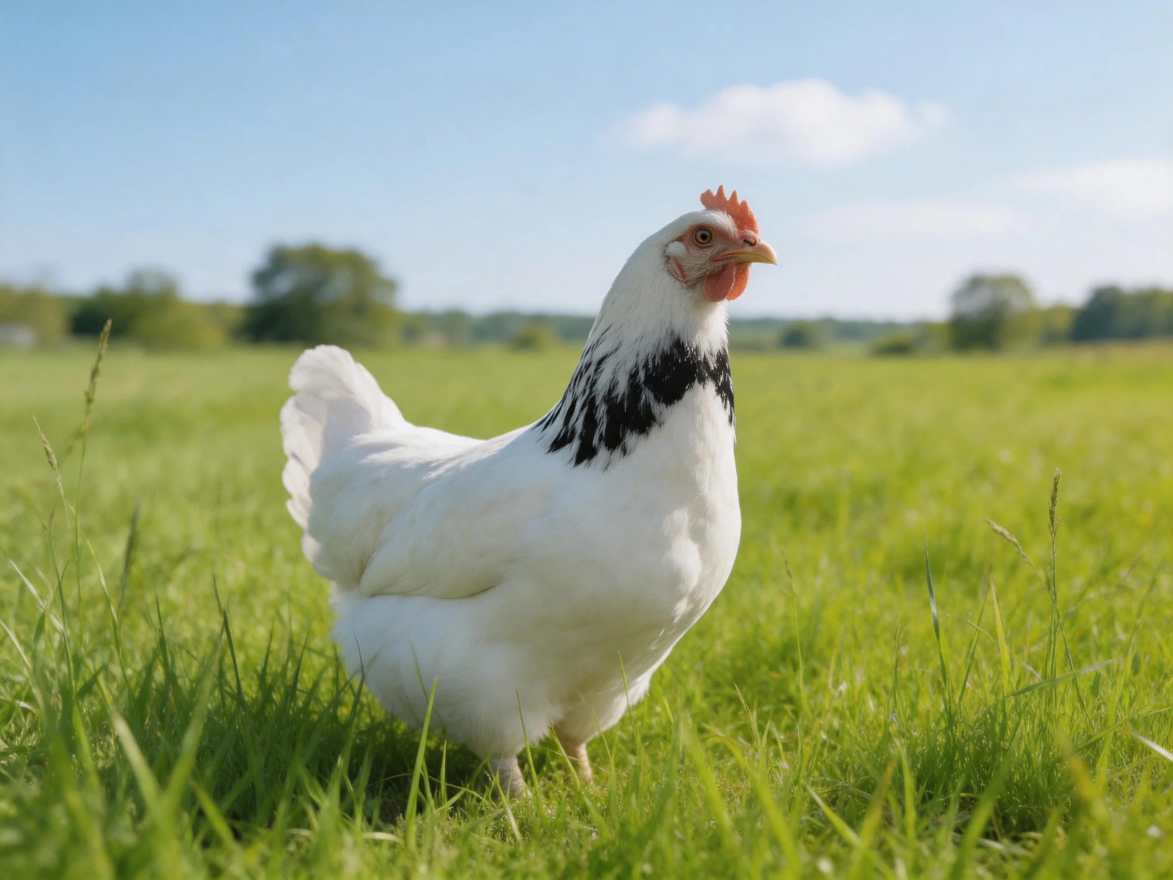 A white chicken with black markings stands in a sunny meadow
