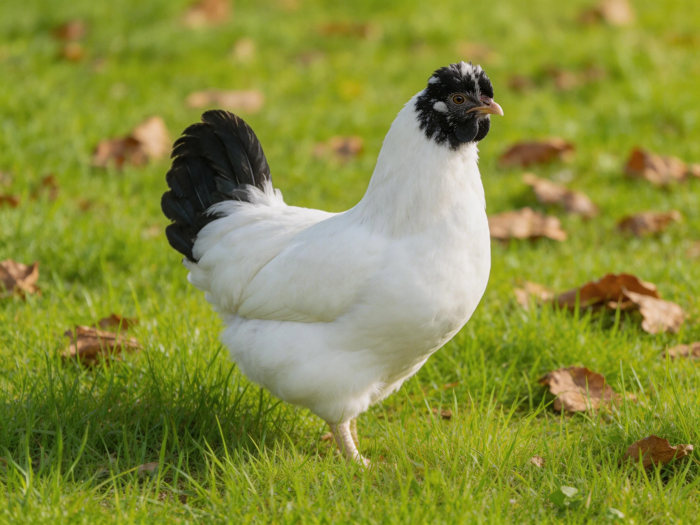 A white chicken with black markings stands on green grass amid scattered brown leaves