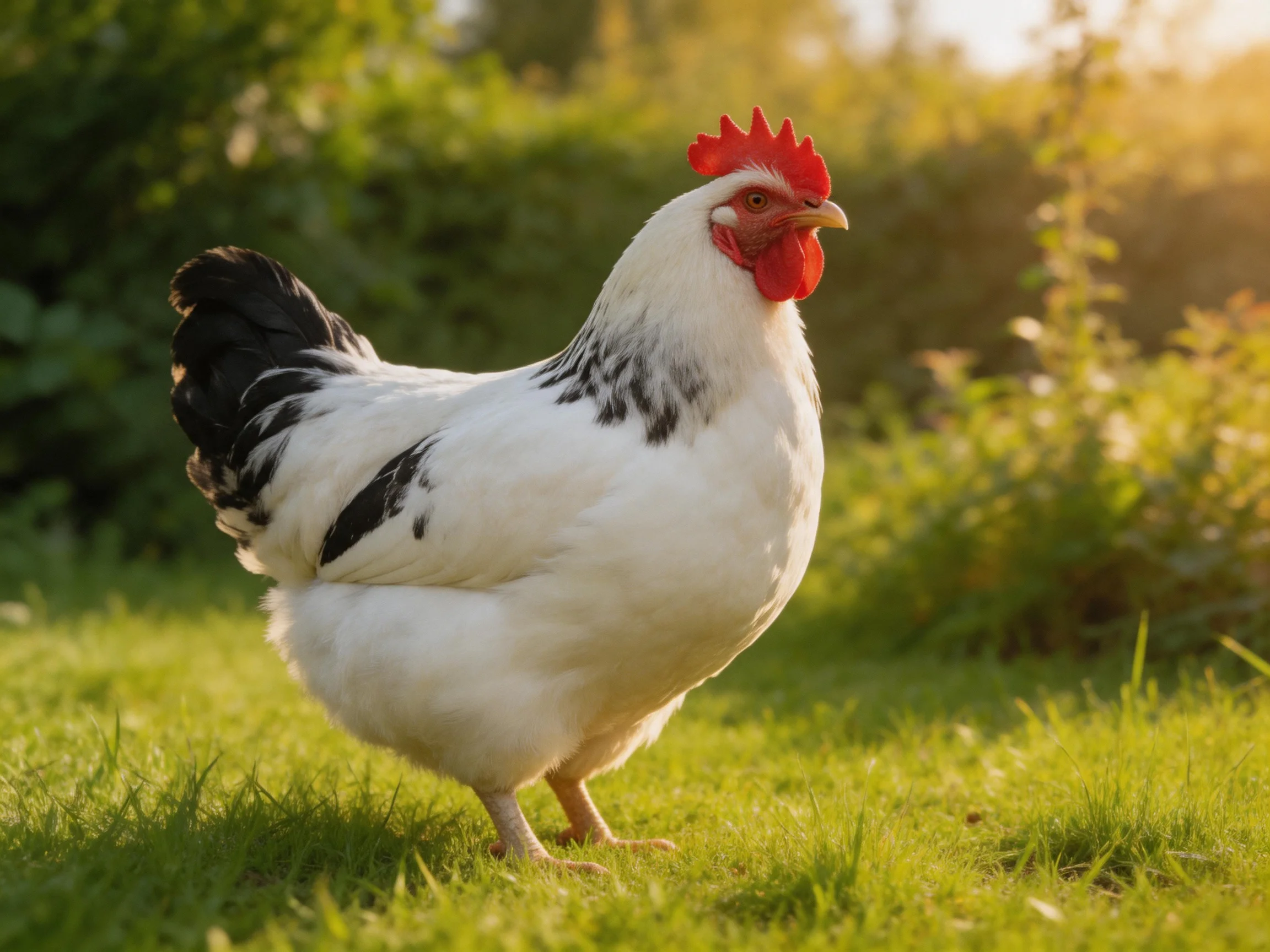 A white chicken with black markings stands on lush green grass