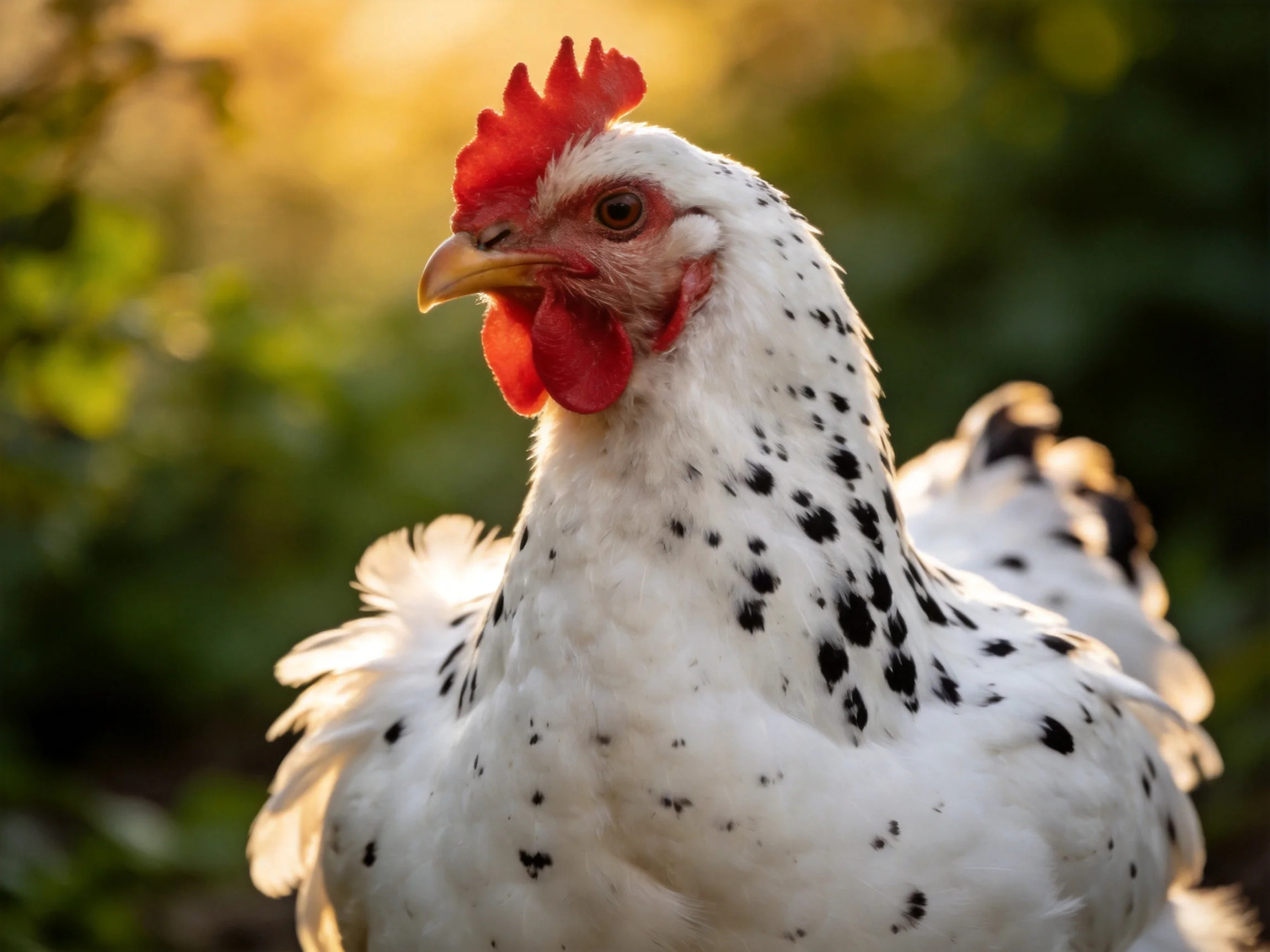 A white chicken with black spots and red comb in natural sunlight
