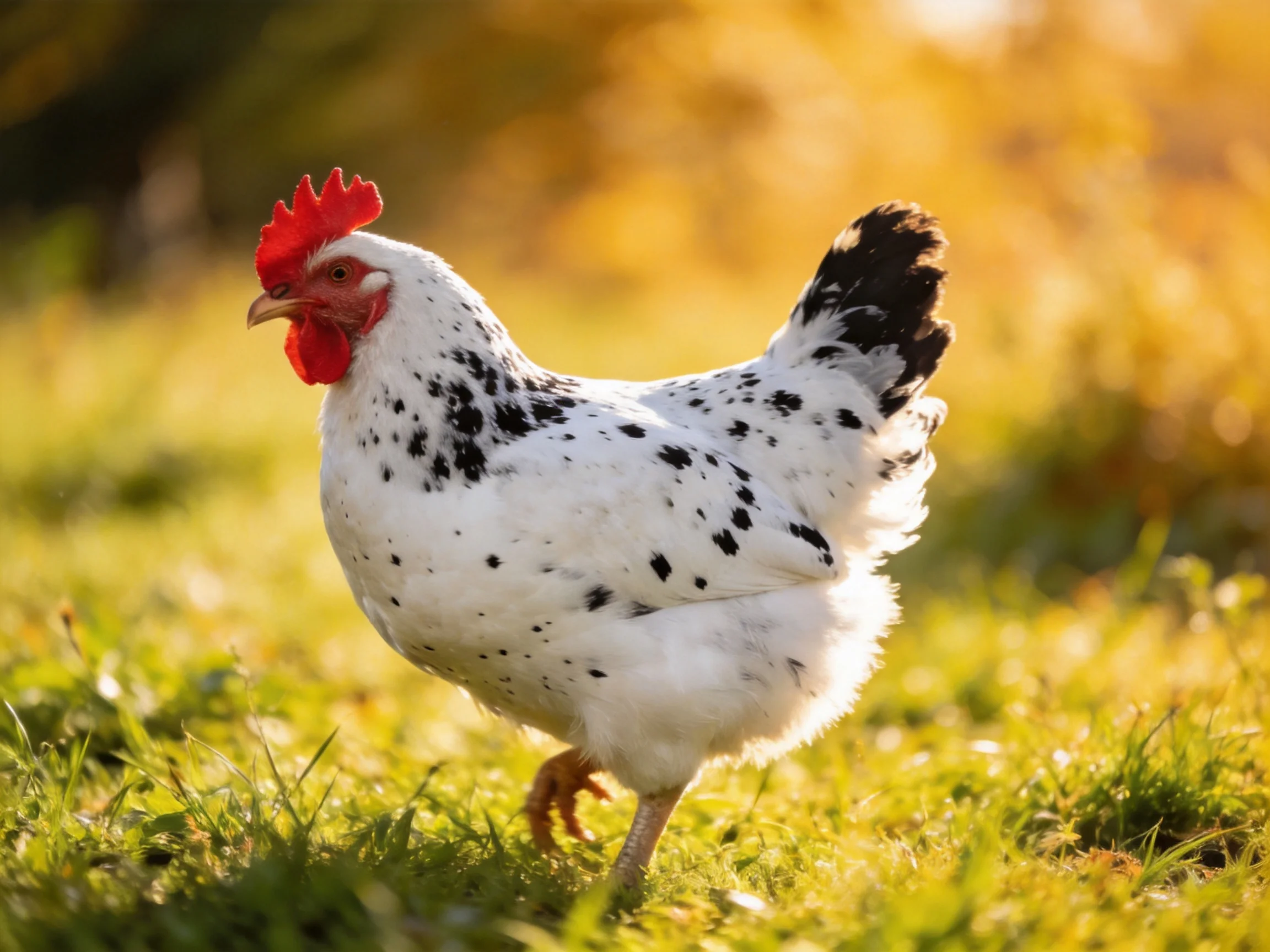 A white chicken with black spots and red comb on grass