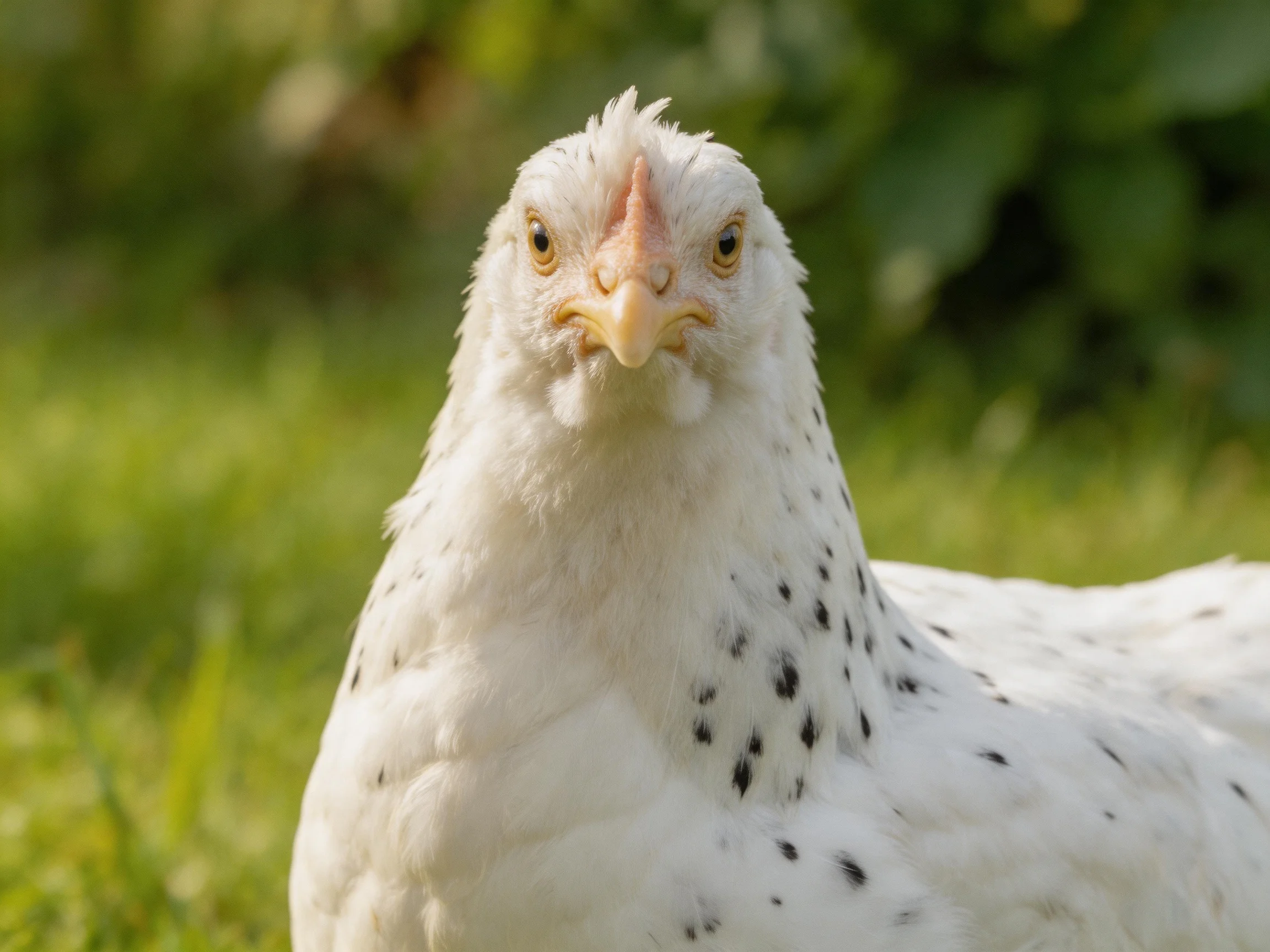 A white chicken with black spots on green grass
