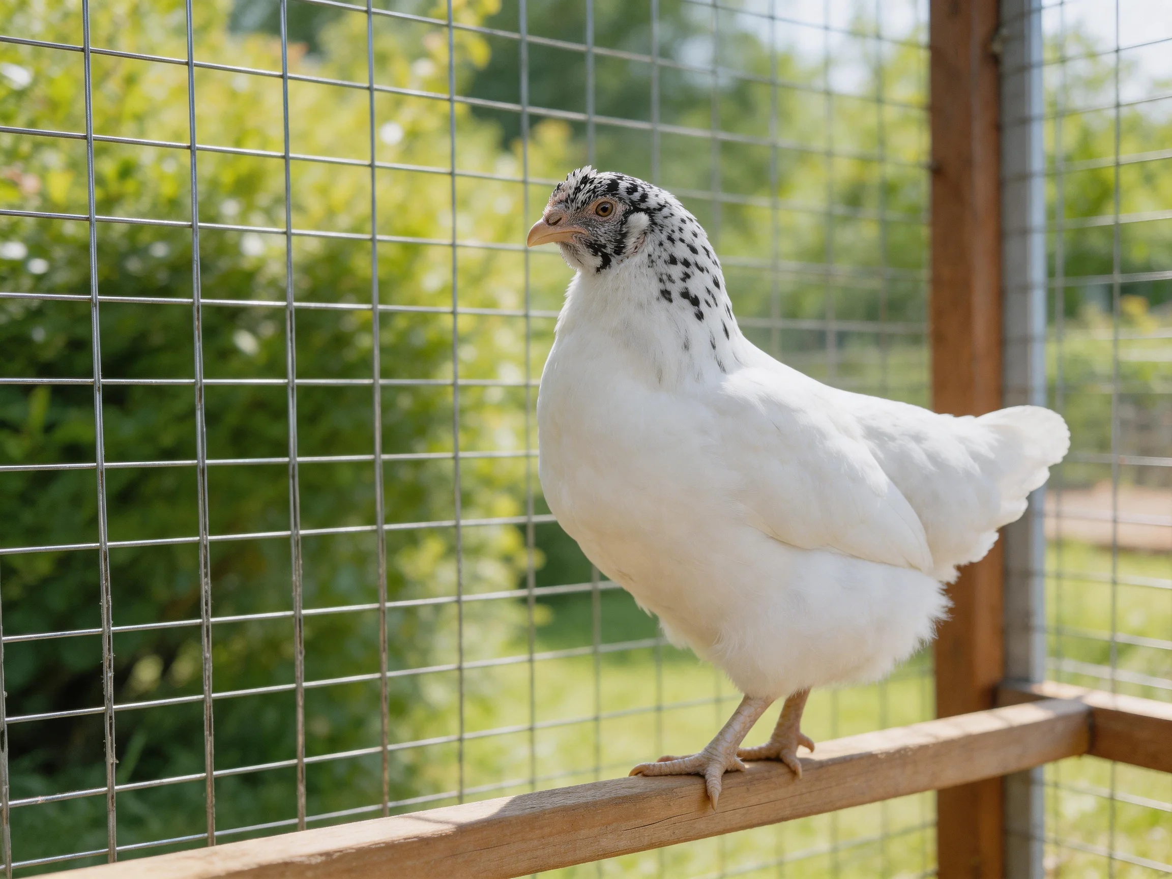 A white chicken with black spots perched on a wooden fence