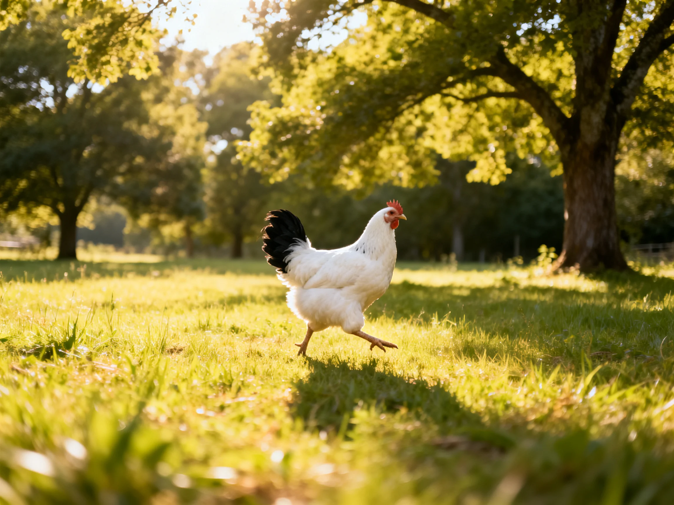 A white chicken with black tail runs through sunlit grass near large trees