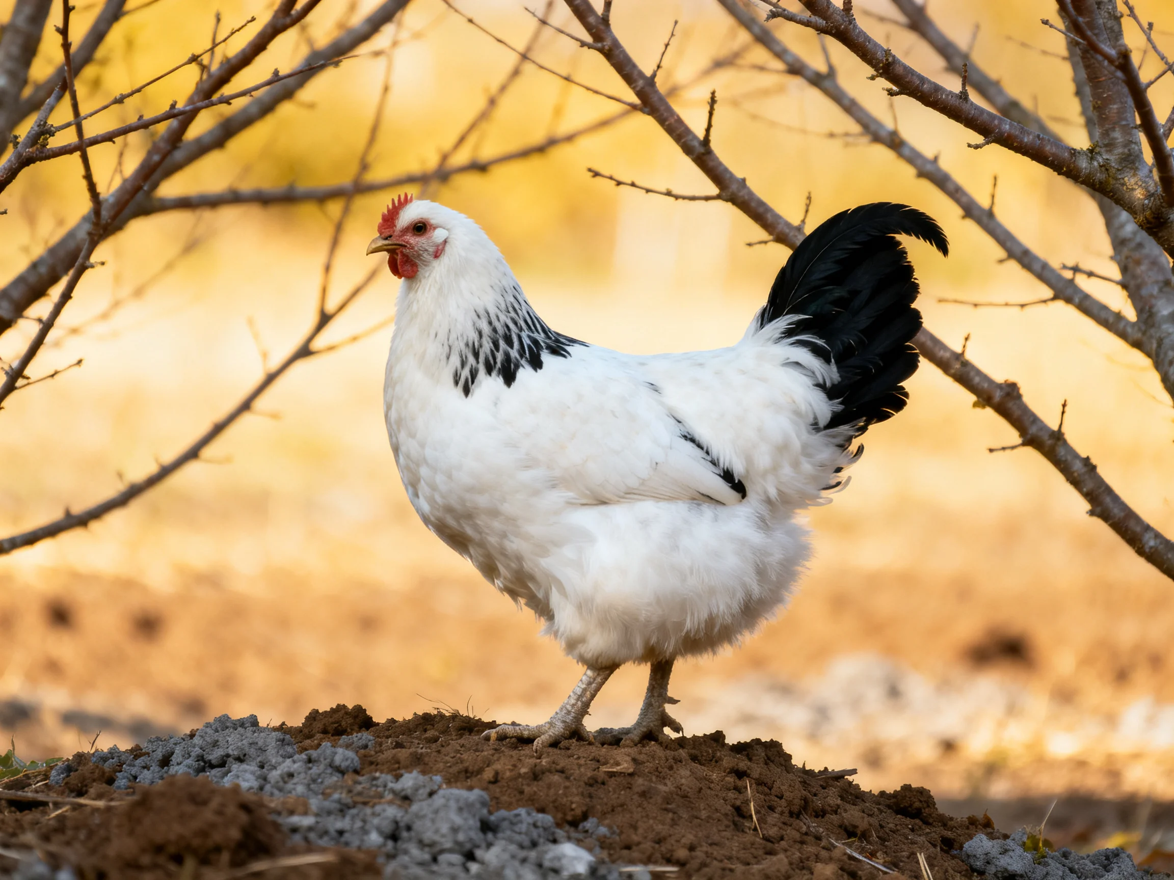 A white chicken with black tail stands on a dirt mound near bare branches
