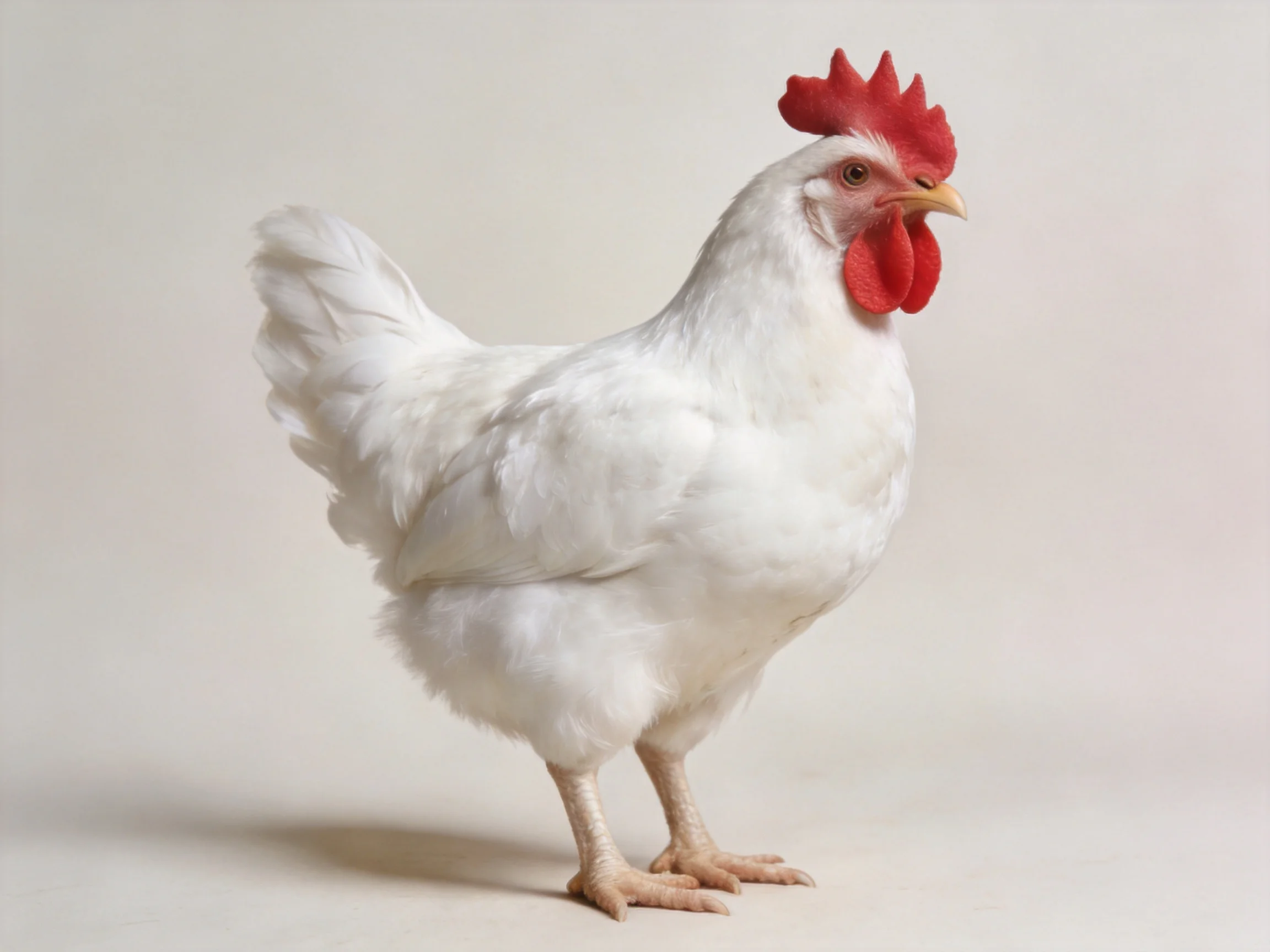 A white chicken with bright red comb and wattles on a plain background