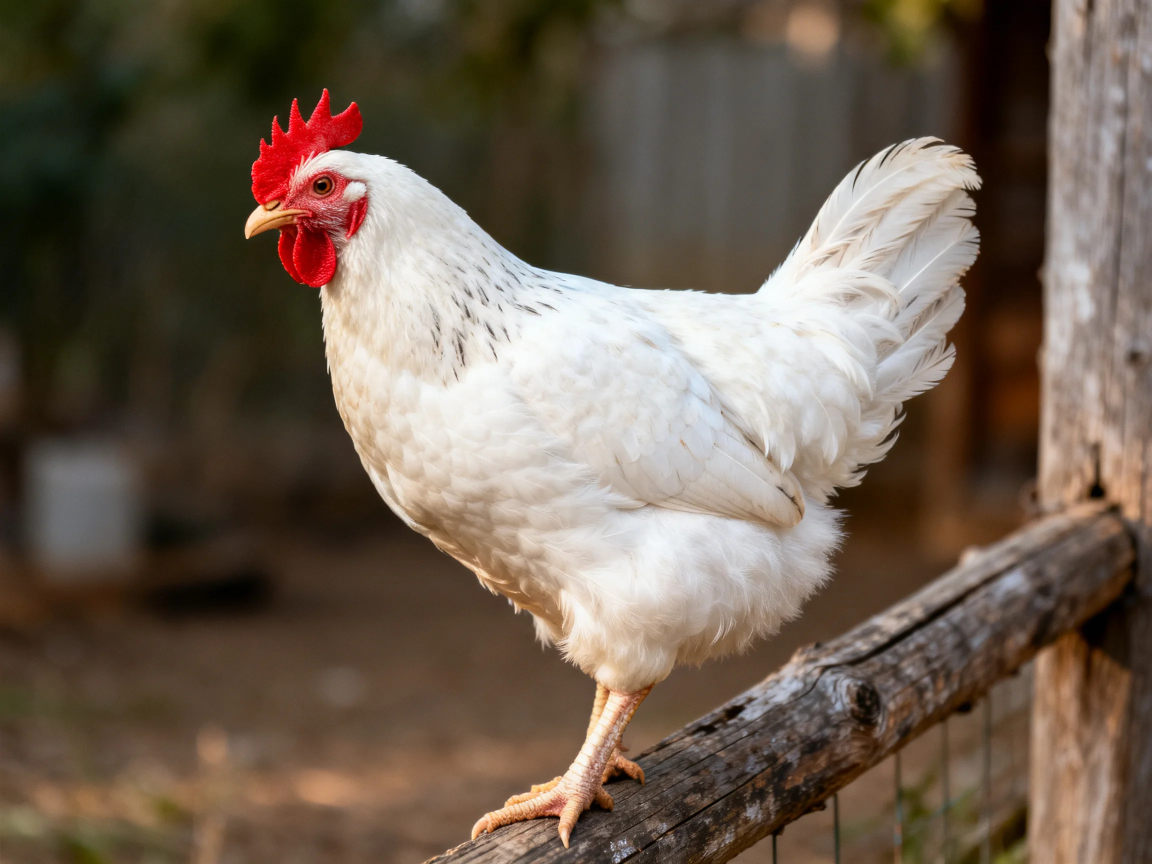A white chicken with a red comb stands on a wooden fence outdoors.