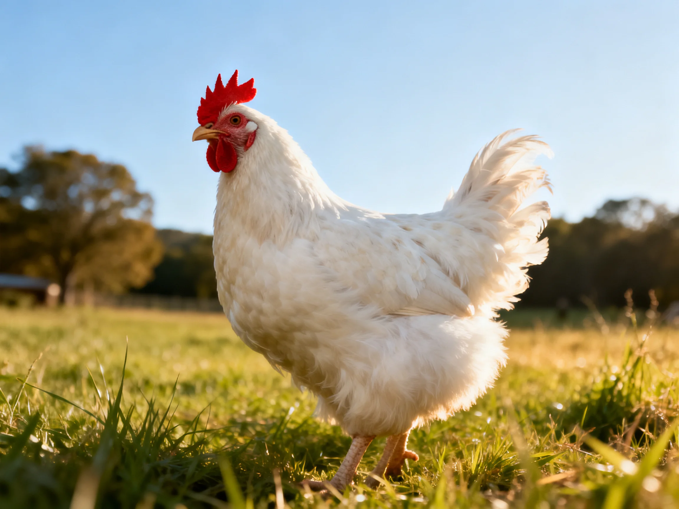 A white chicken with a red comb moves through a sunlit grassy landscape.