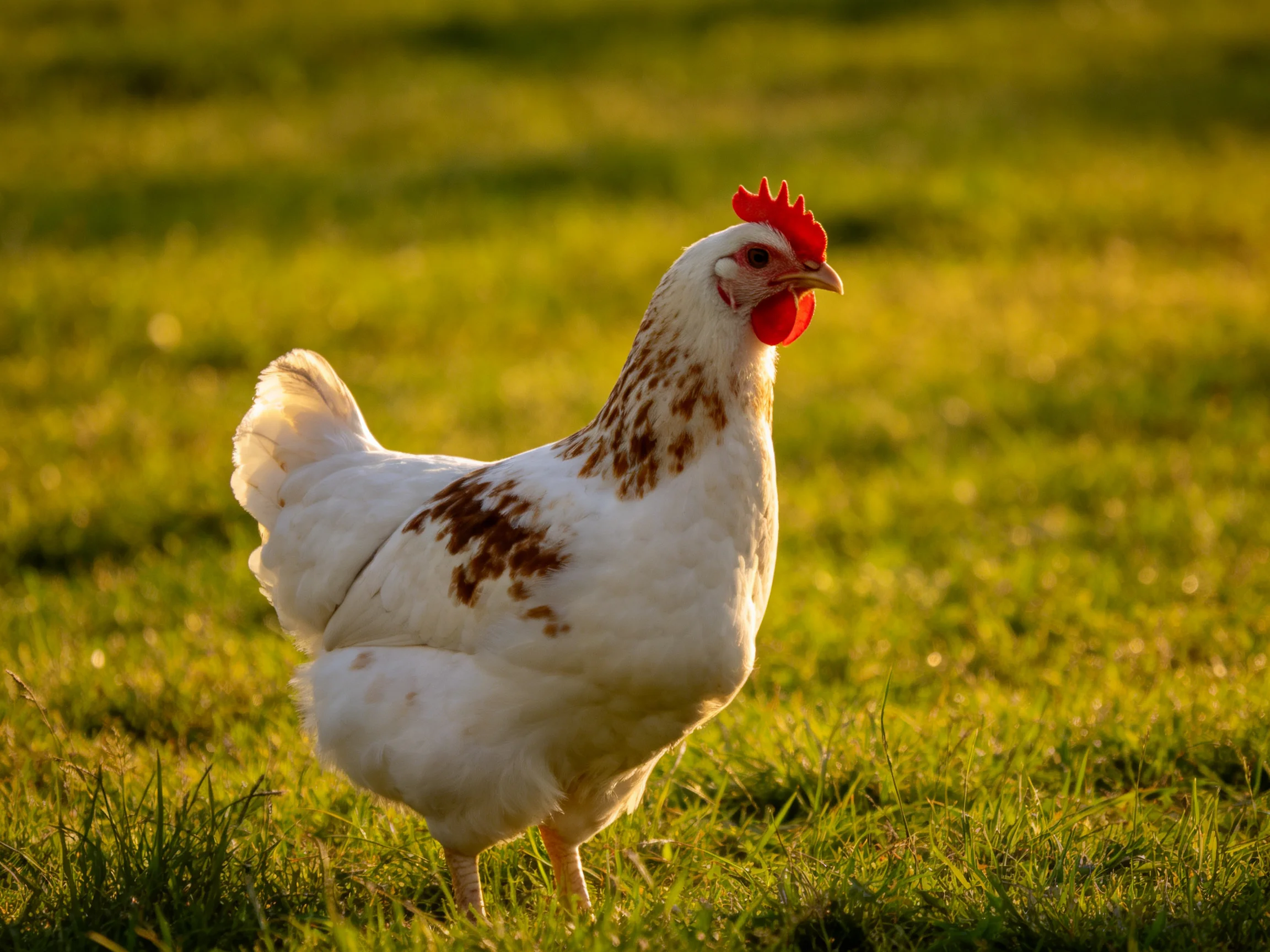 A white chicken with brown spots standing on sun-dappled green grass