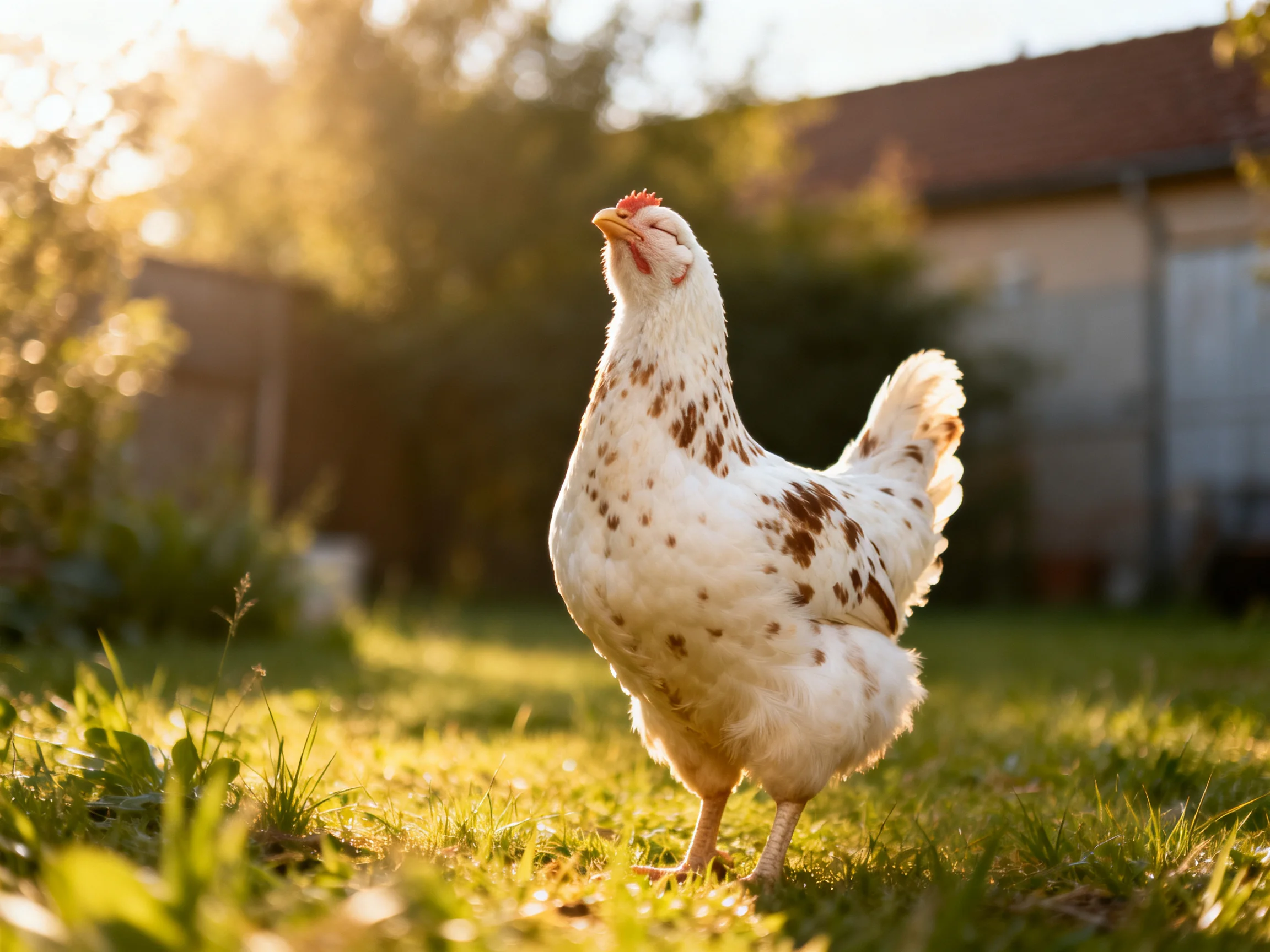 A white chicken with brown spots stands on sunlit grass near a house