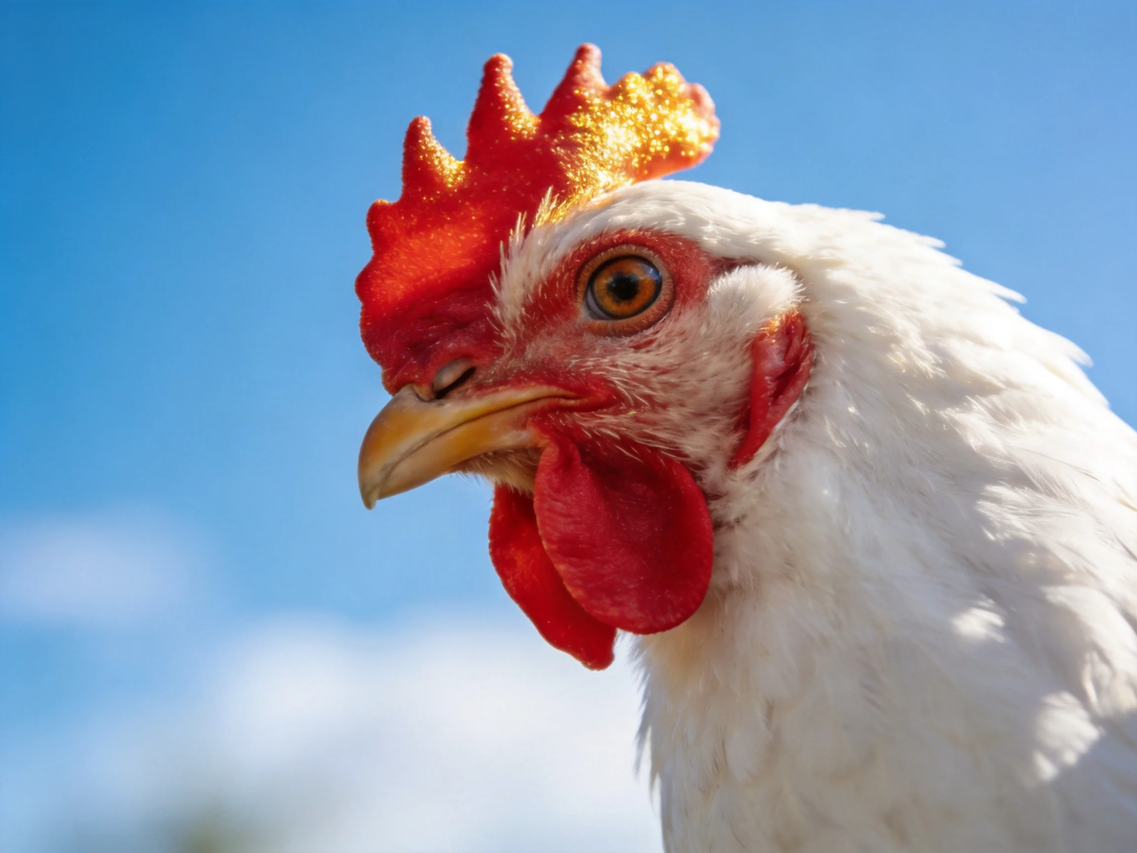 A white chicken with golden comb and red wattles under blue sky