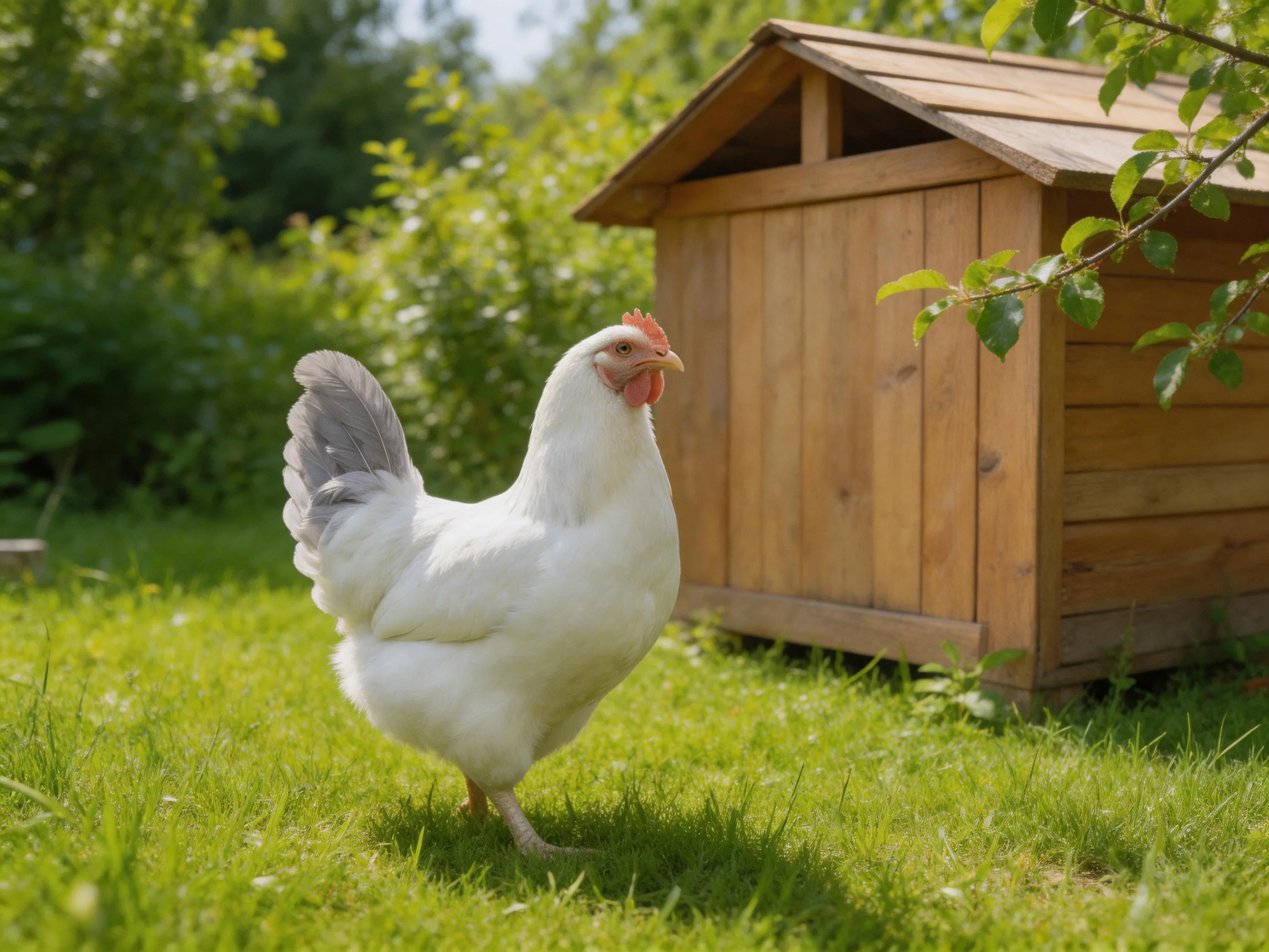A white chicken with gray tail feathers near a wooden coop on green grass