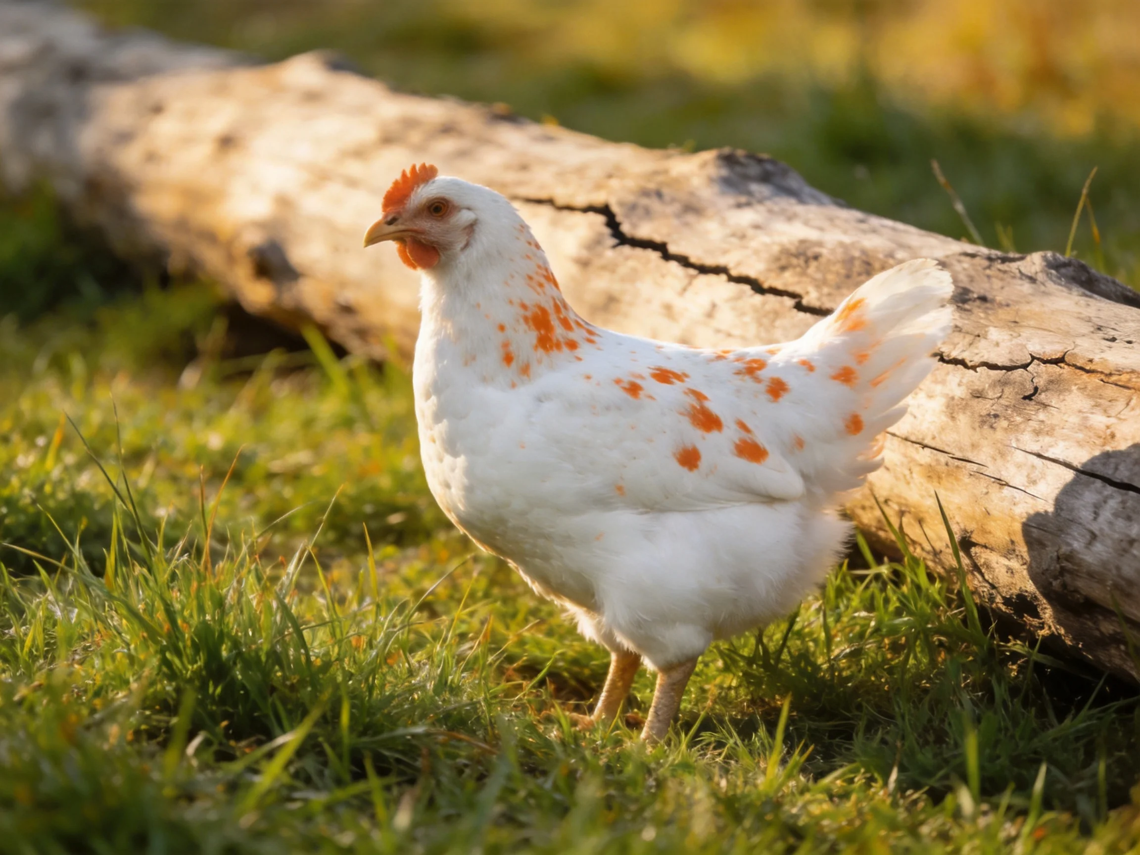 A white chicken with orange spots stands near a weathered wooden log on green grass