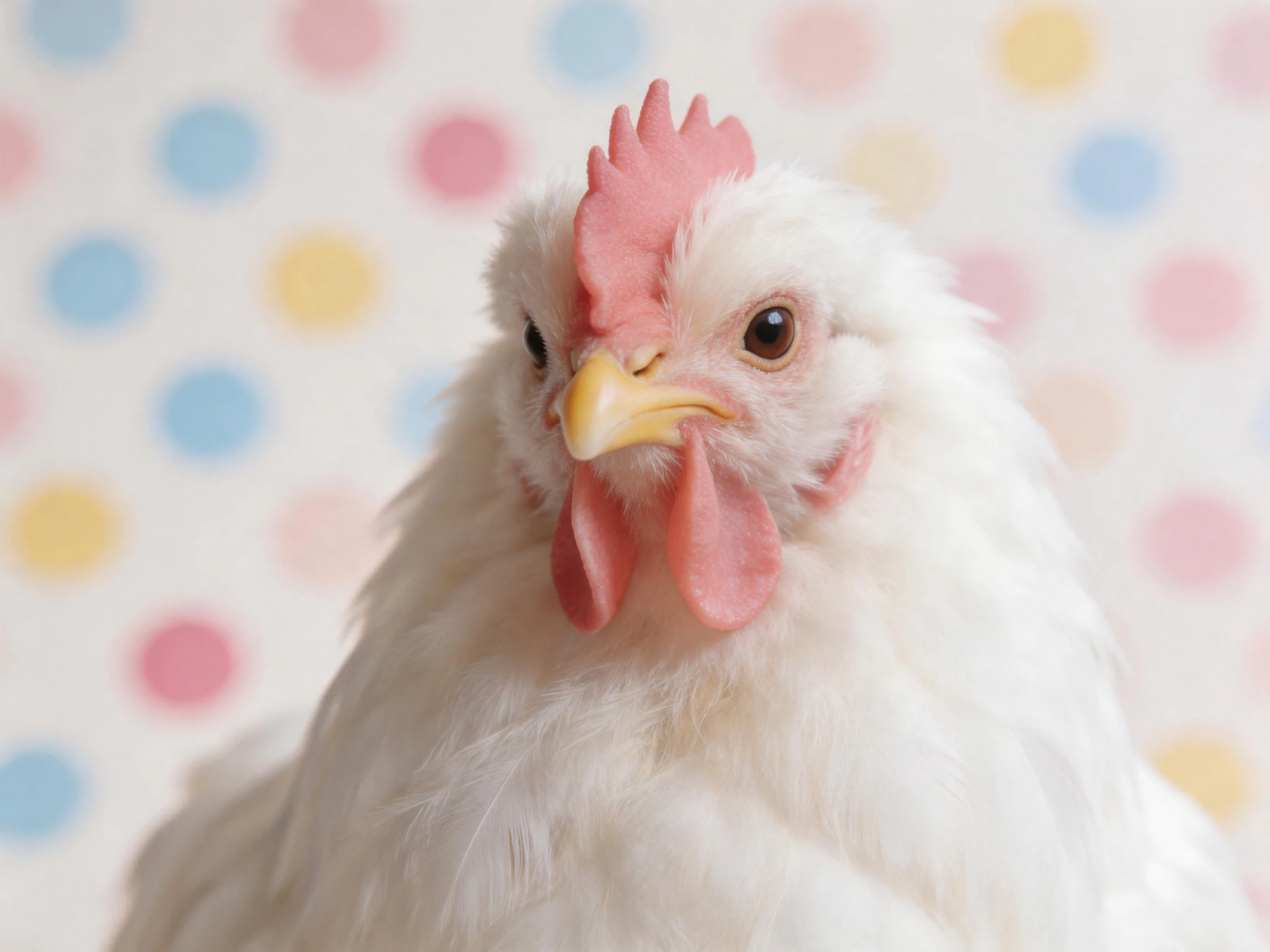 A white chicken with pink comb near colorful polka dot backdrop