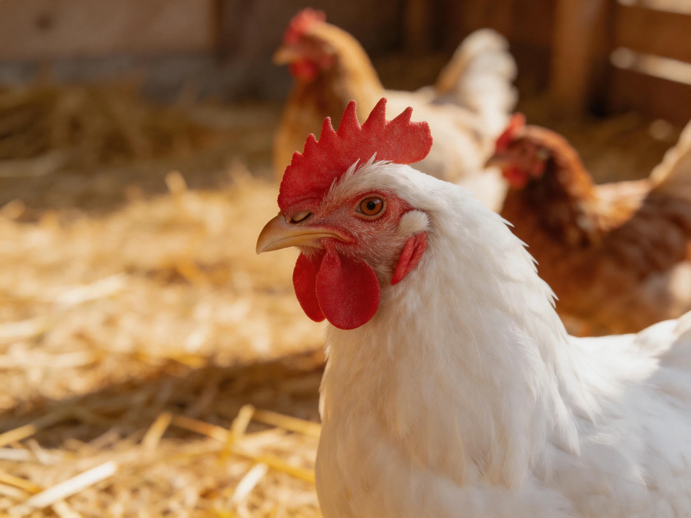 A white chicken with red comb among brown hens on golden straw bedding
