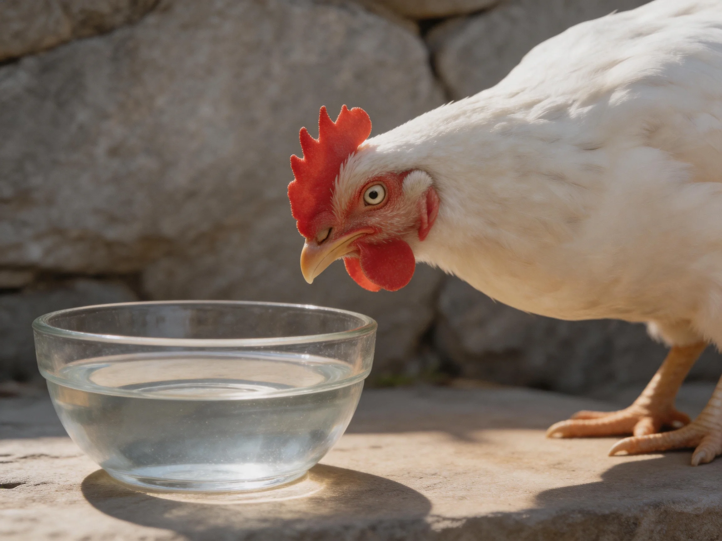 A white chicken with red comb drinking from a clear glass bowl near a stone wall