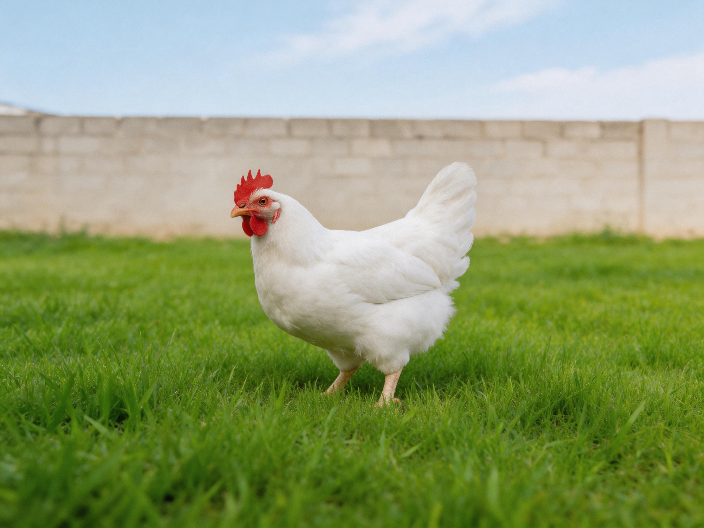 A white chicken with red comb foraging on lush green grass near a concrete wall