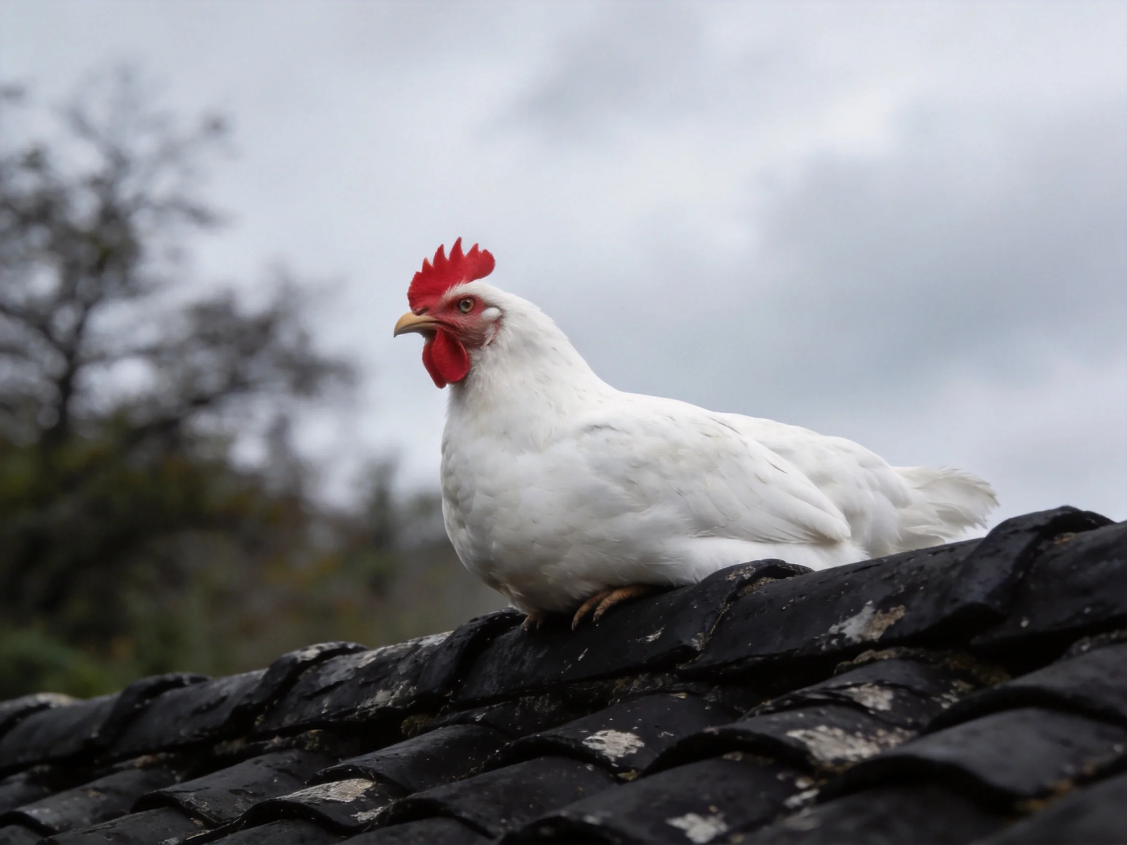 A white chicken with red comb perched on weathered black roof tiles