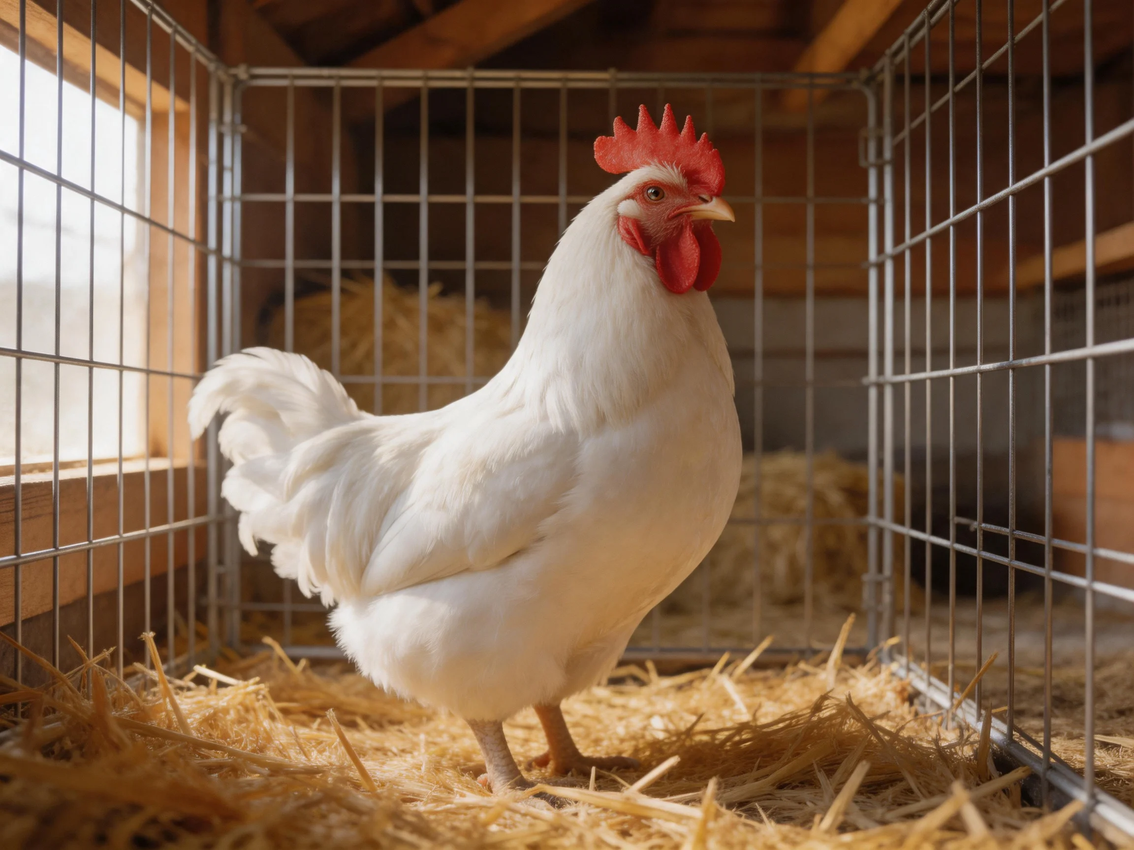 A white chicken stands in a wire enclosure with straw bedding.