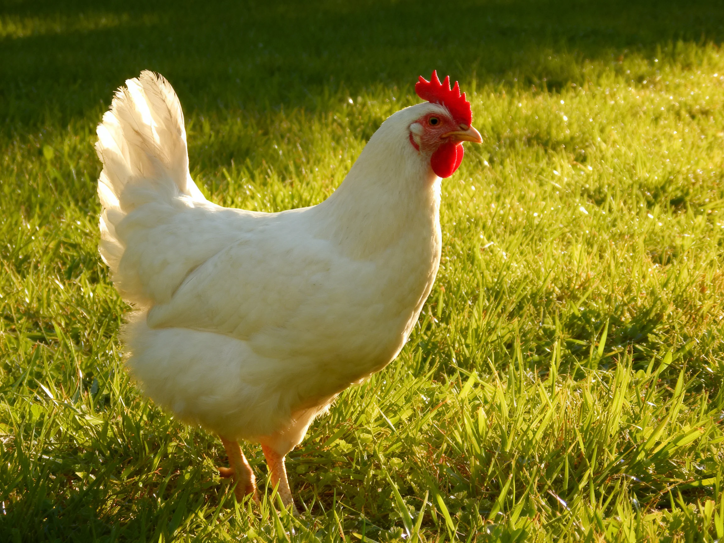 A white chicken with a red comb is on green grass.