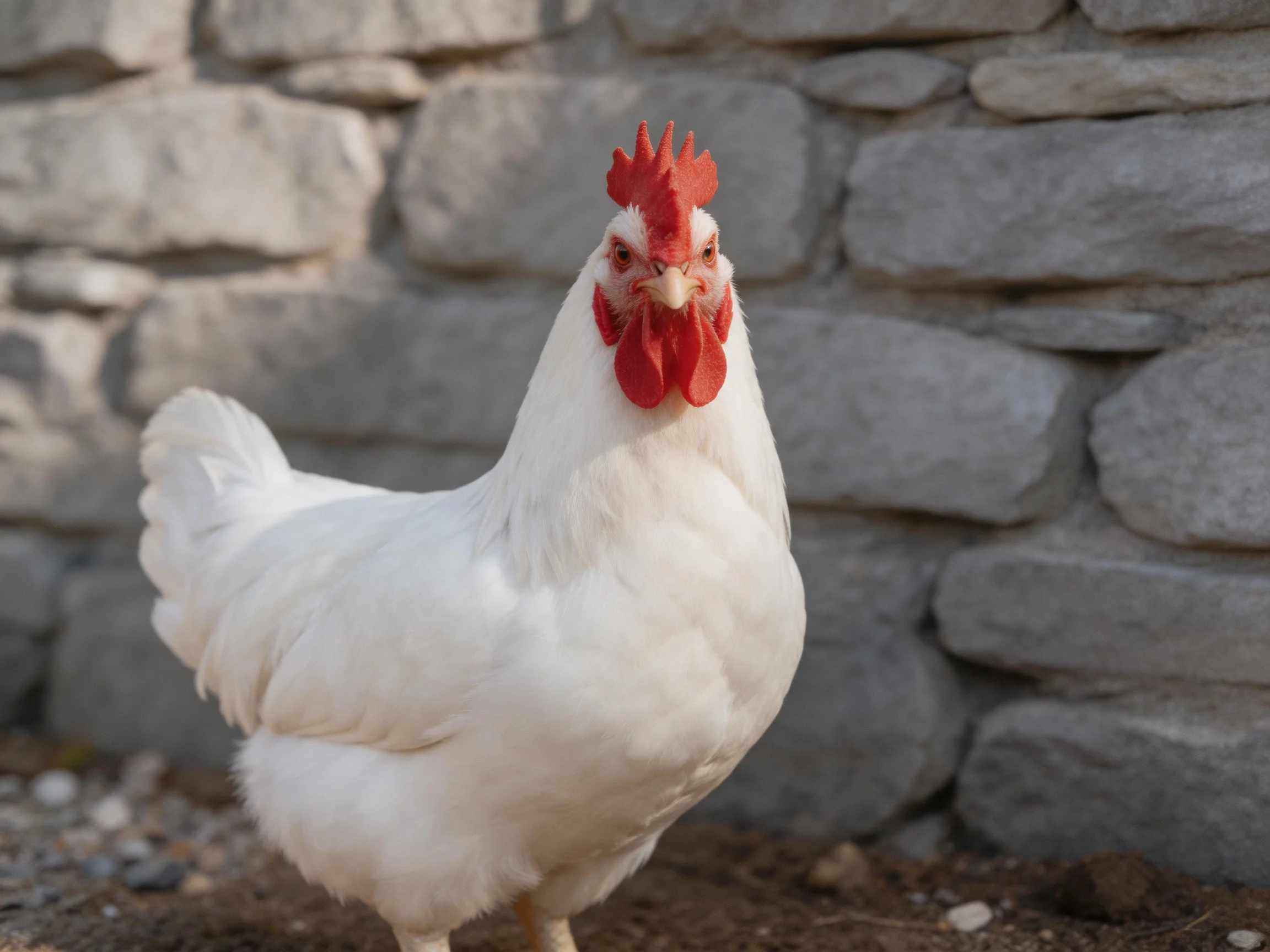 A white chicken with red comb stands before a gray stone wall