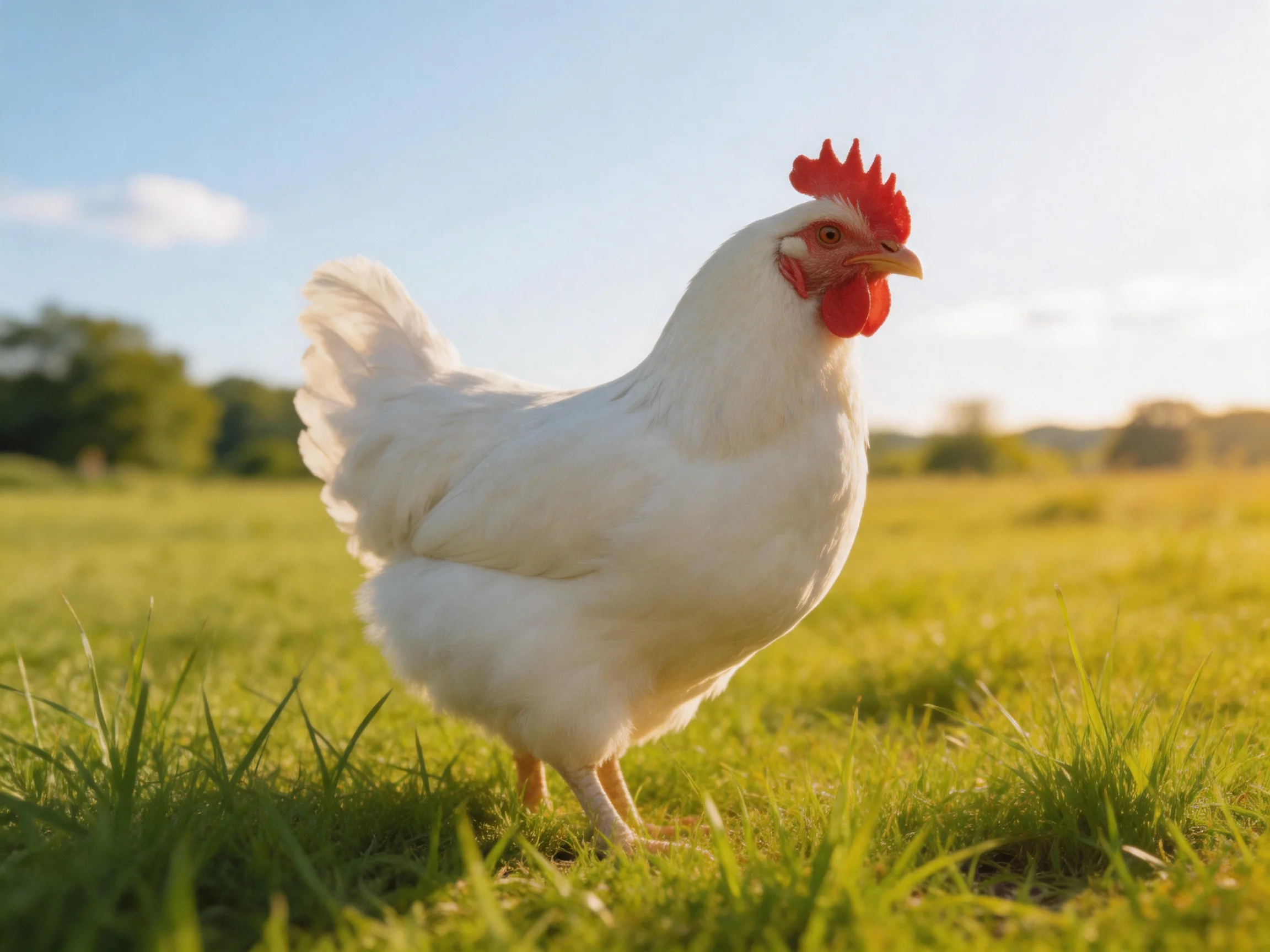 A white chicken with a red comb roams in a sunlit green meadow.